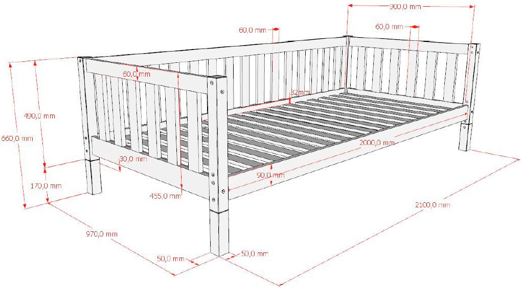 Vipack Lit d'enfant »Dallas, massiv Bett, Rausfallschutz, umbaubar vom Boden- zum Daybett« Incl. sommier à lattes roulantes et cadre à barreaux, largeur 90 ou 140x200 cm,  construction stable et solide, en pin massif naturel ou blanc au choix