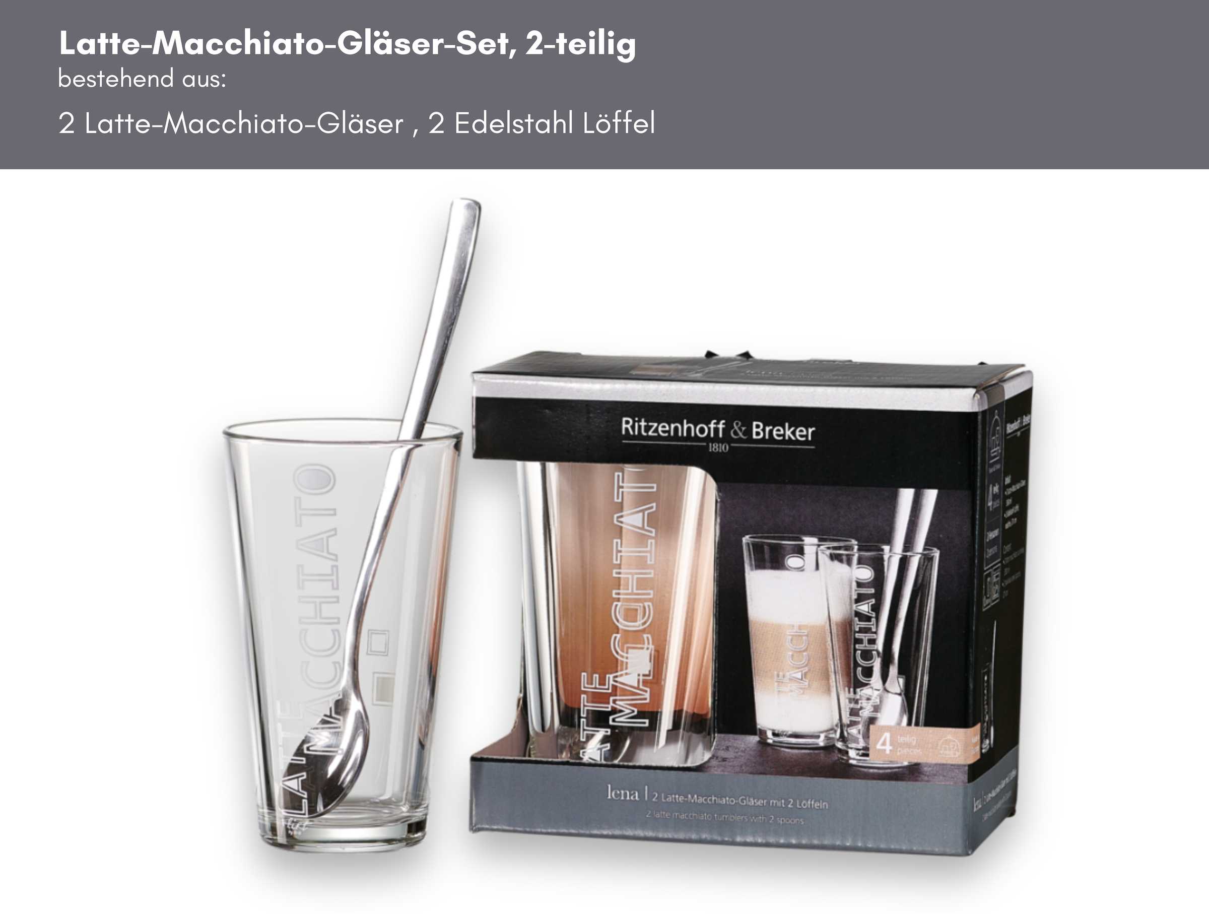 Ritzenhoff & Breker Verre à latte macchiato »Lena« 350 ml, 4-teilig, inkl. 2 Löffel aus rostfreiem Edelstahl