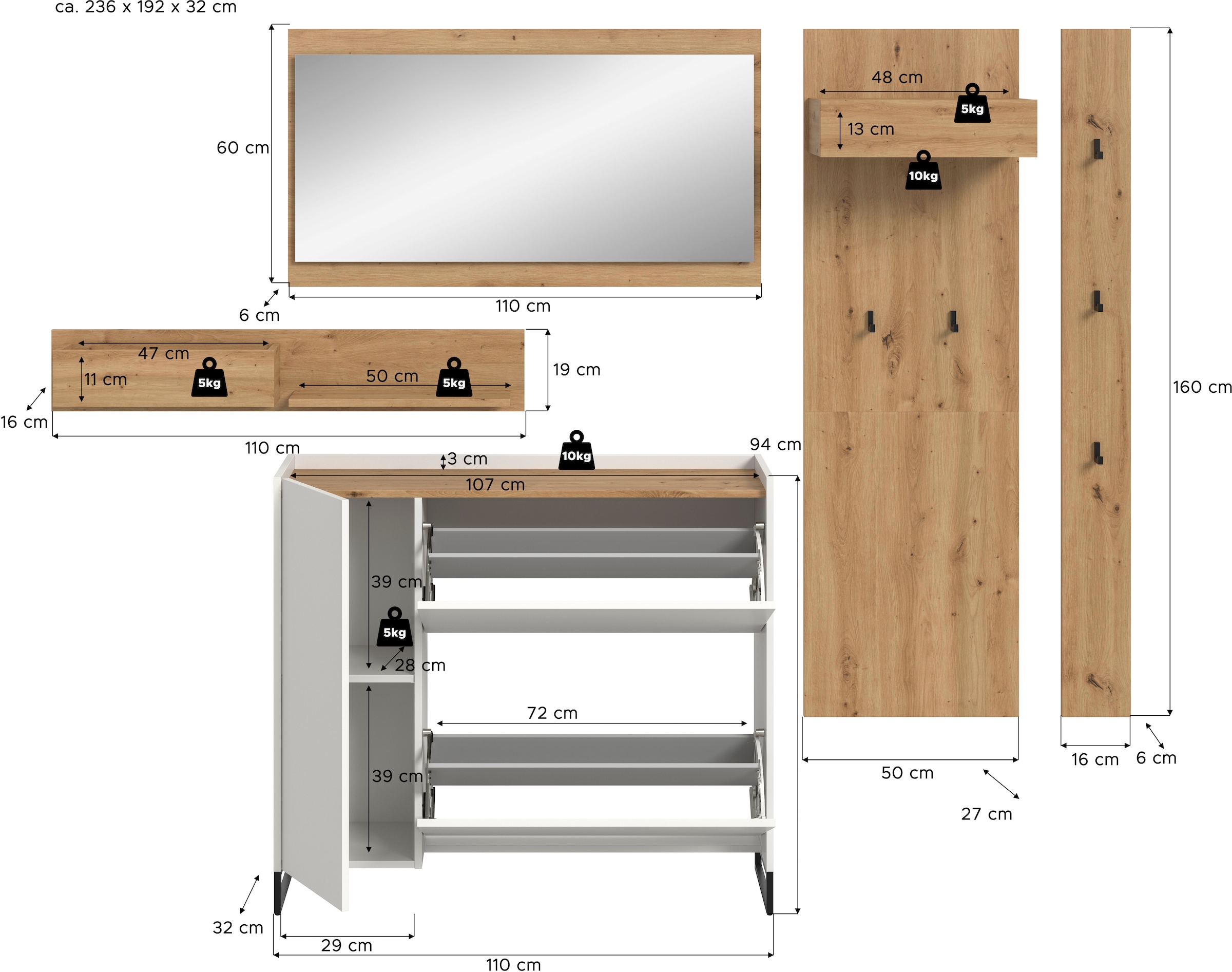 Home affaire Garderoben-Set »EVRID, 5-teilig, Breite 236 cm, individuell stellbar & erweiterbar« best. aus: Wandboard, Kommode, Spiegel, Garderobenpaneel, Hakenleiste, 5 Stk. tlg.