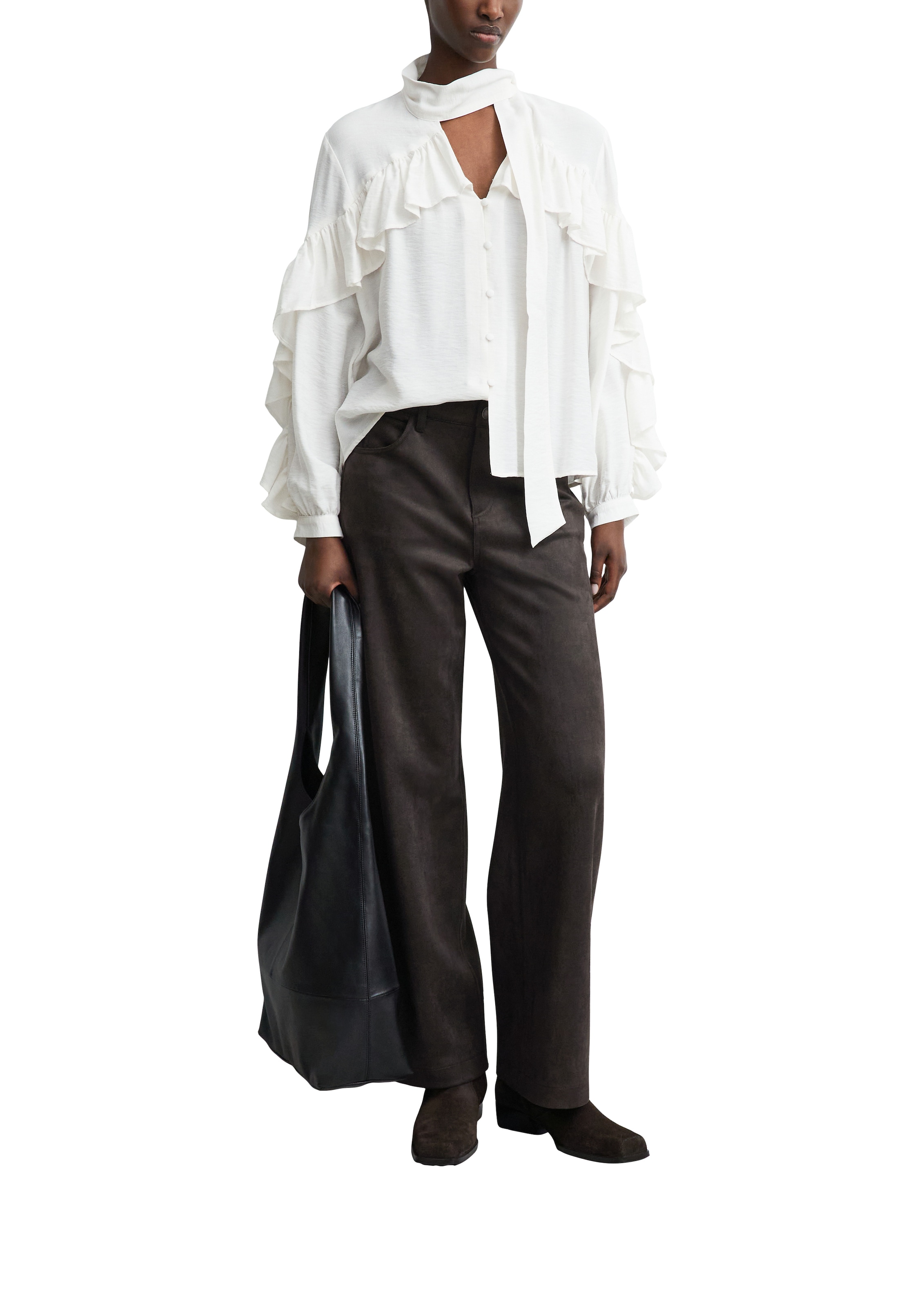 Comma Pantalon imitation cuir  en velours doux, jambe large, taille haute