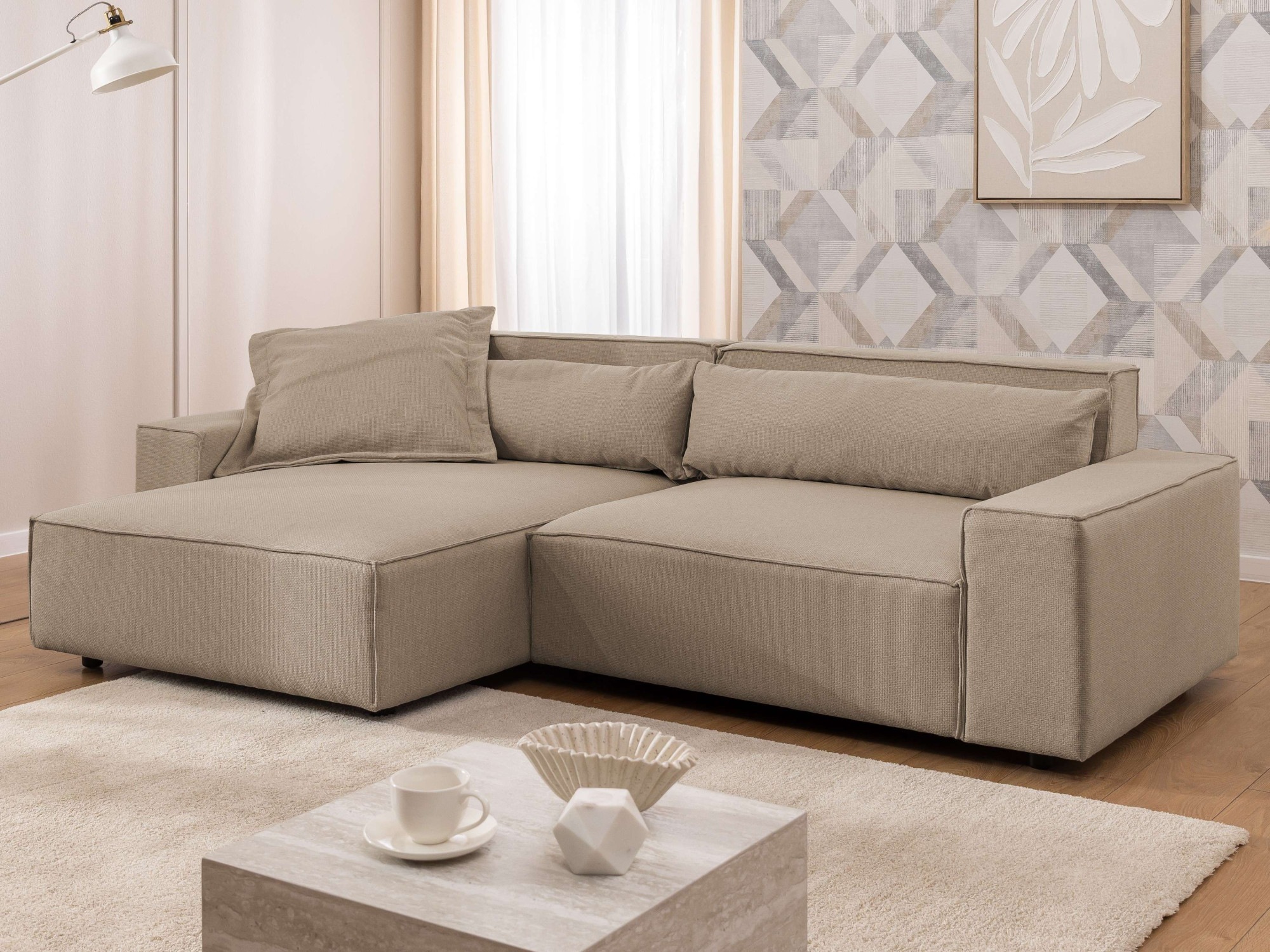 GOODproduct Canapé d'angle »KINLEE Design-Sofa mit Recamiere rechts/links, Masse B/T/H 251/144/70cm« L-Form mit Wellenunterfederung, ohne Bettfunktion, modern und beguem