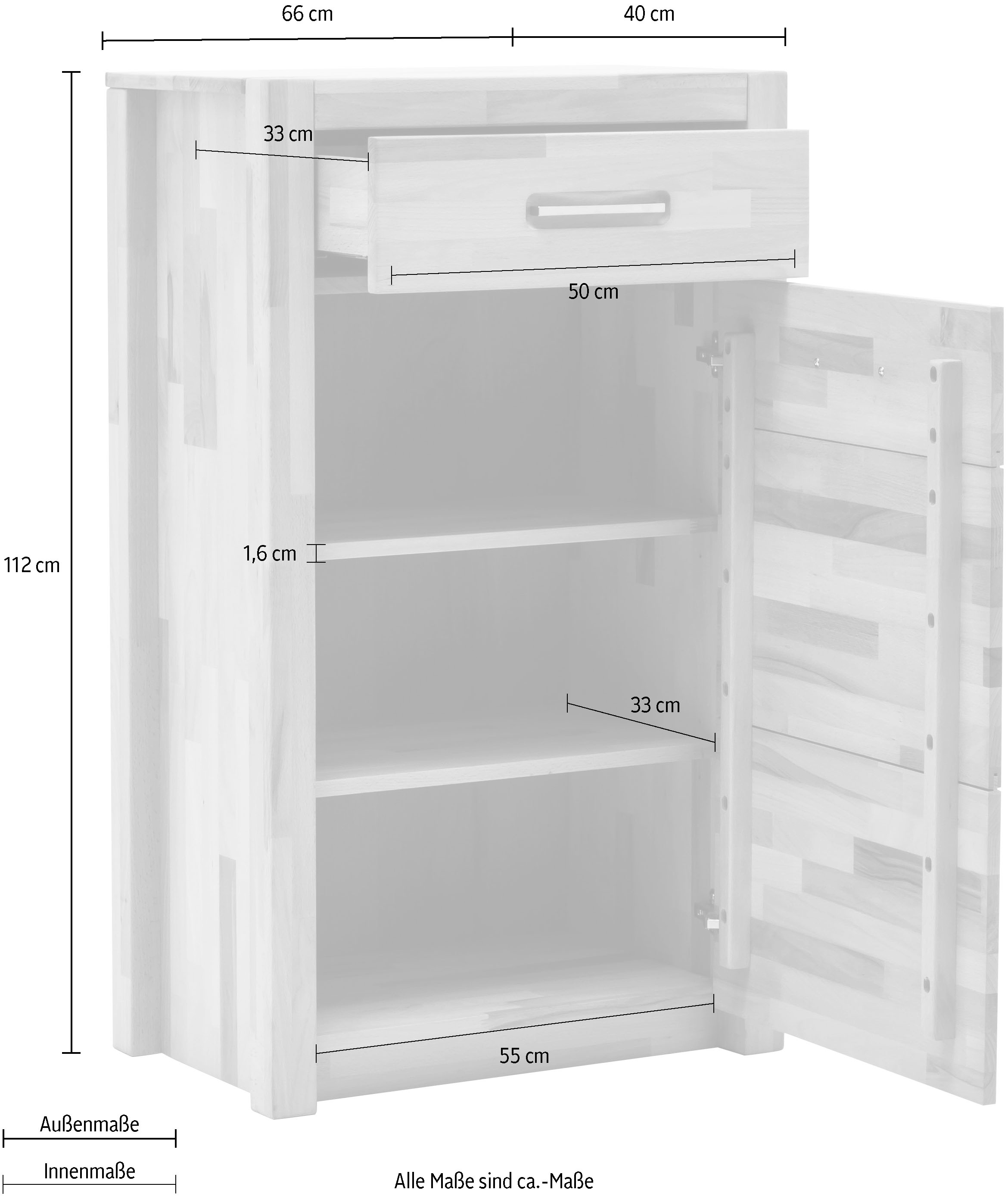 MCA living Garderobenschrank »Fenja Kommode, Schrank, Drehtürenschrank - Höhe 112 cm« 1 Stk. tlg. Massivholz, Kernbuche, 1 Tür, 1 Schubkasten, Breite 66 cm