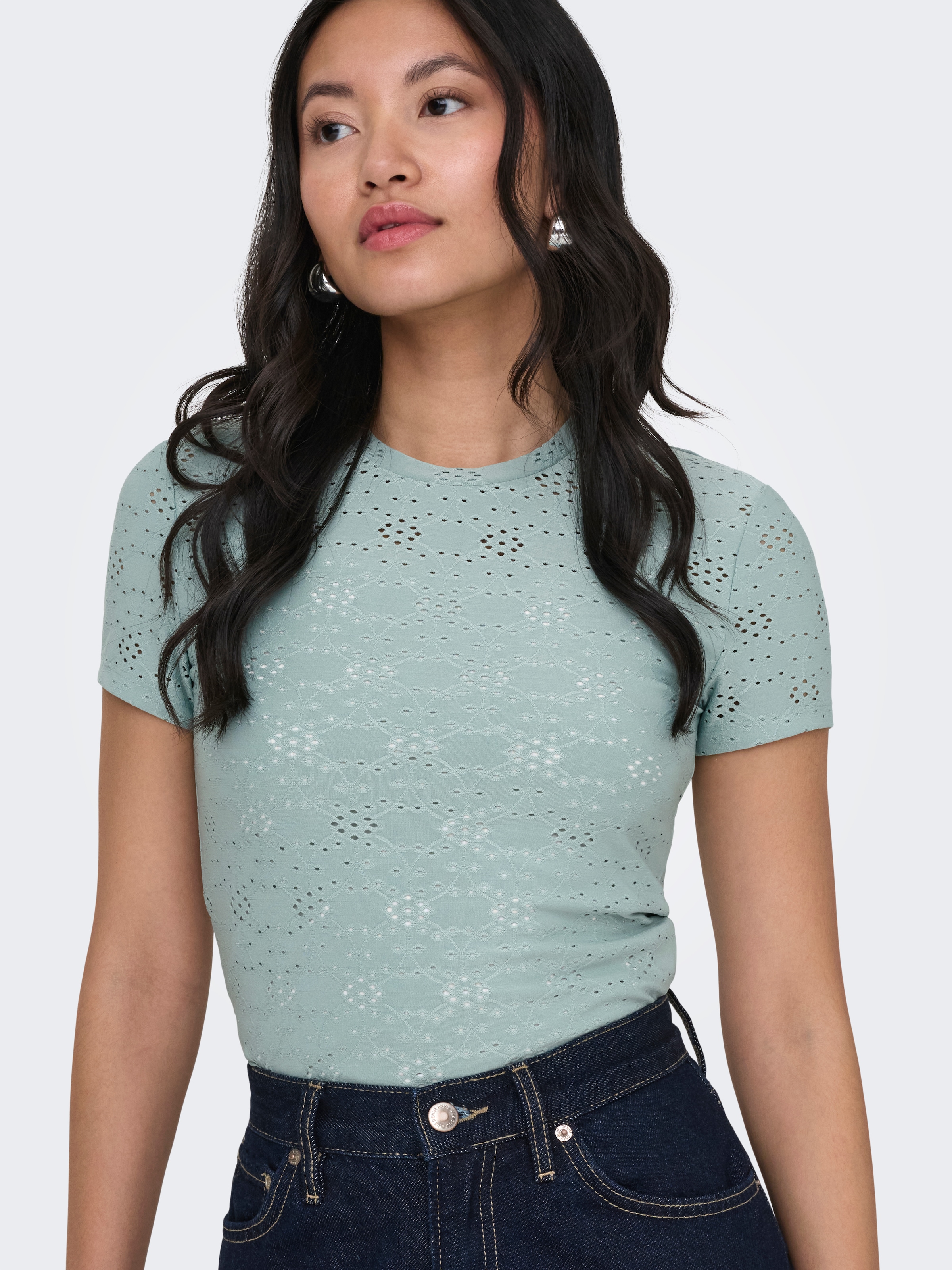 ONLY T-shirt »ONLSMILLA NEW S/S TOP JRS« mélange de matériaux, coupe slim, col rond