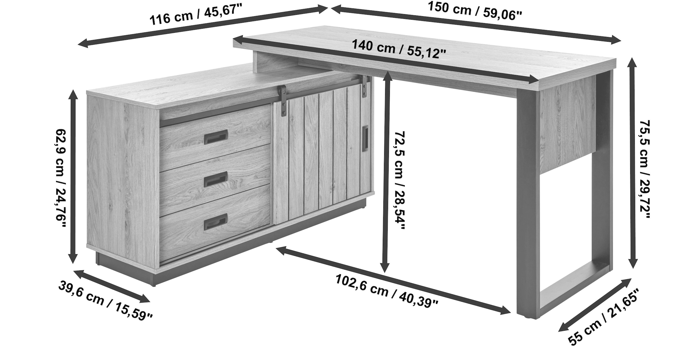 Jahnke Bureau d'angle »SLIDE C 150 E« 1 cuis tlg. montage réversible, avec porte coulissante, dimensions 150 x 116 cm