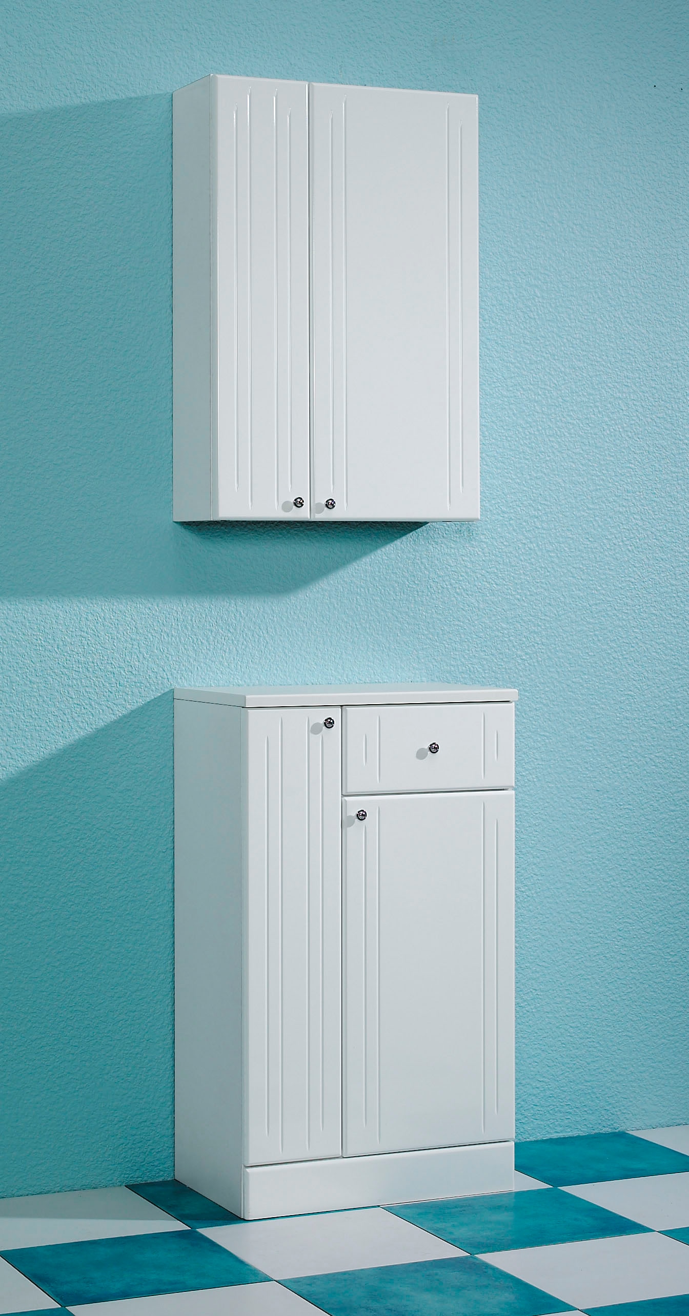Saphir Armoire basse »Quickset 955 Badschrank mit 2 Türen, 1 Schublade, 50 cm breit« Meuble sous lavabo blanc brillant, poignées chrome brillant