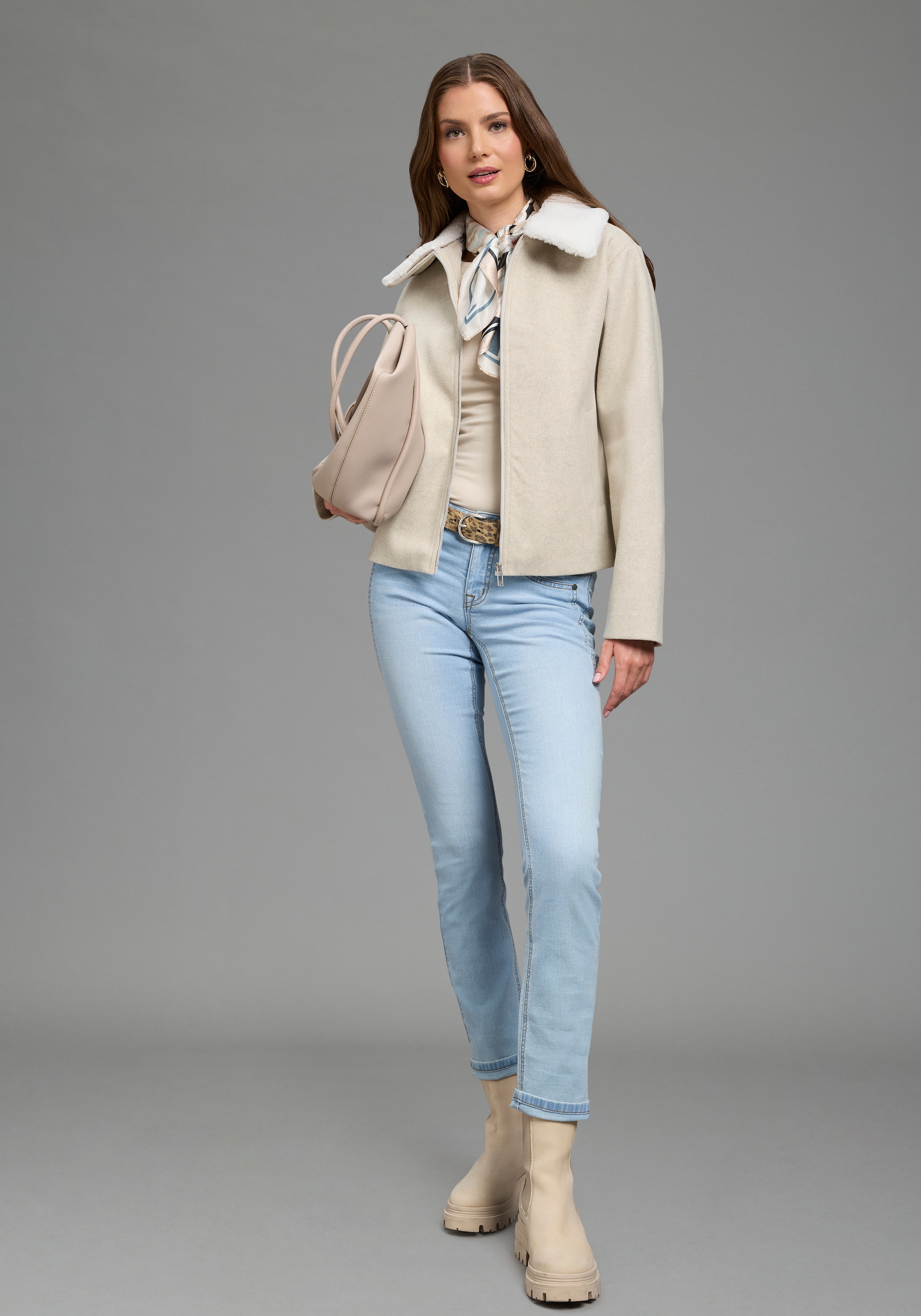 Laura Scott Veste courte veste de mi-saison aspect laine avec col teddy amovible