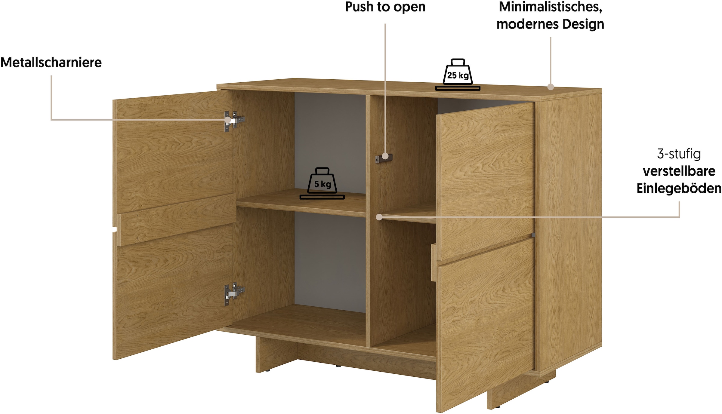 GOODproduct Buffet »Tatami, Stilvolle, moderne grifflose Kommode 2 Türen, Breite 111cm« buffet avec beaucoup de rangement, étagères réglables, fonction push-to-open