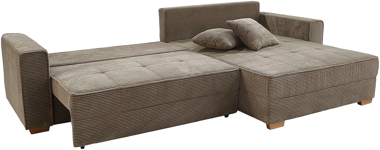 Jockenhöfer Gruppe Ecksofa »Bologna, L-Form, Breite: 298 cm, Cord-Bezug, beidseitig montierbar« mit Schlaffunktion, Bettkasten & Zierkissen, XXL-Ottomane