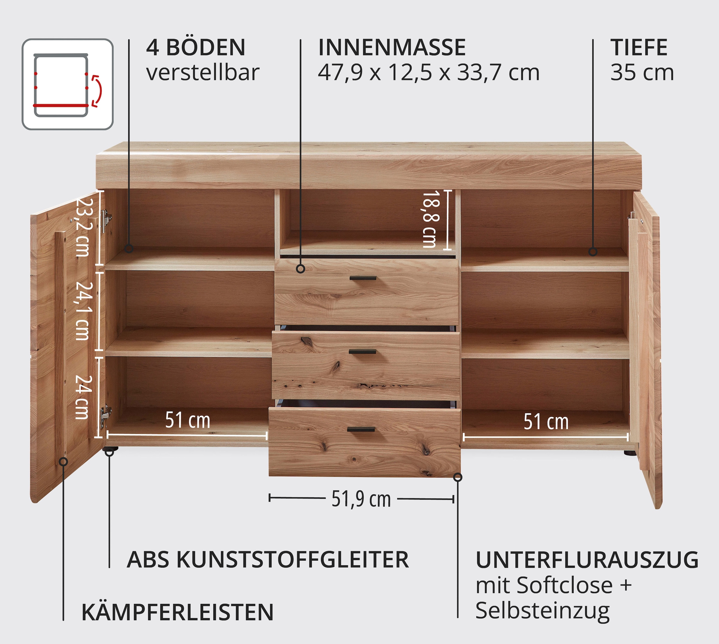 Wohnconcept Buffet »Malaga Sideborad, 160x88x42 (BxHxT)« 1 cuis tlg. Façade en bois massif, 2 portes, 3 tiroirs, softclose