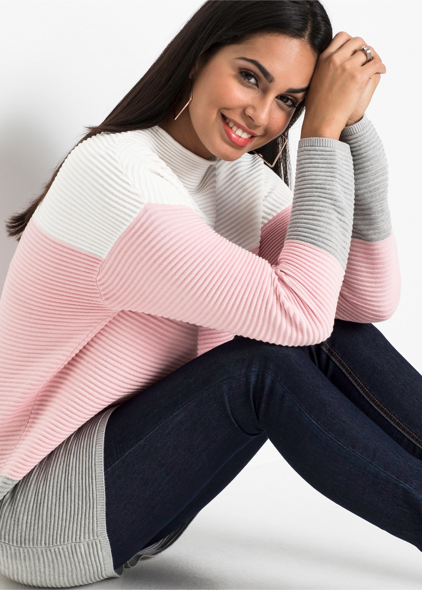 bonprix Pull long »Gestreifter Long-Pullover« aus Baumwolle und Polyacryl, mit Stehkragen, für kühle Tage