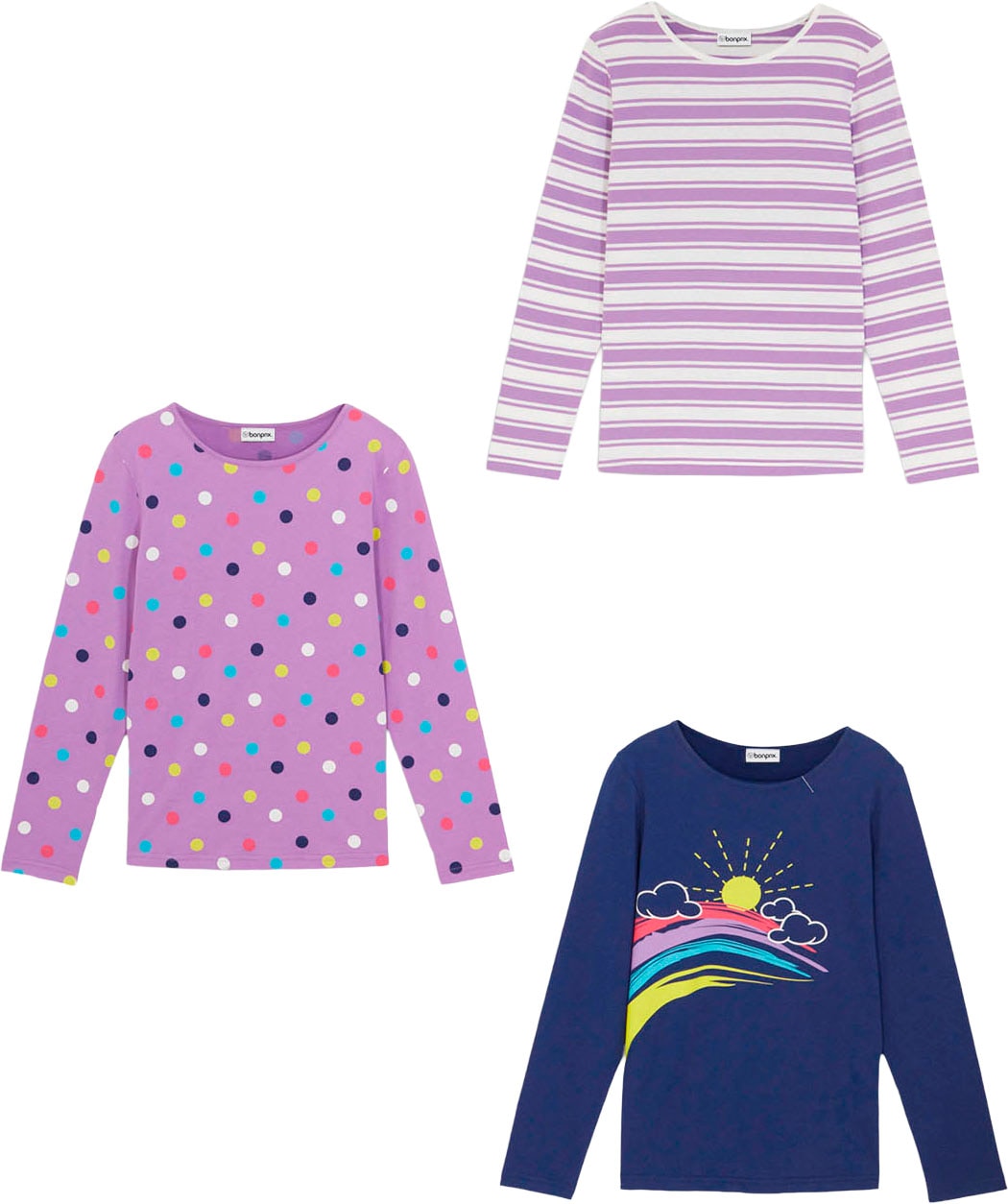 bonprix T-shirt à manches longues Packung, 3 pièces schmale Passform, mit attraktivem Print, aus Baumwolle