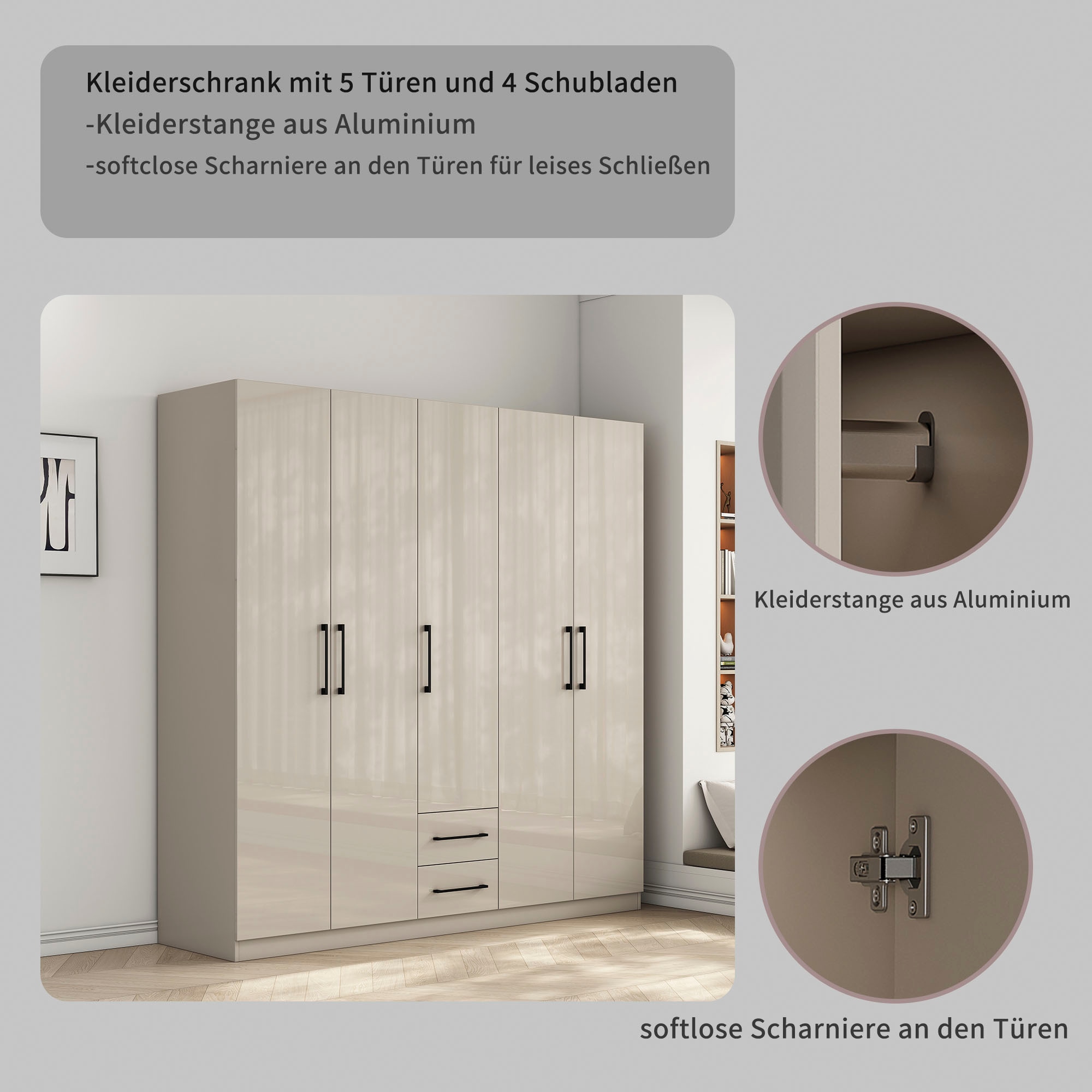 GOODproduct Armoires à vêtements »Sylt Schlafzimmerschrank Garderobe Schrank  in hochglanz weiss« 5 portes, 2 tiroirs, poignées noires modernes, 7 étagères,  Armoire à portes tournantes avec aménagement intérieur parfait, largeur 200cm