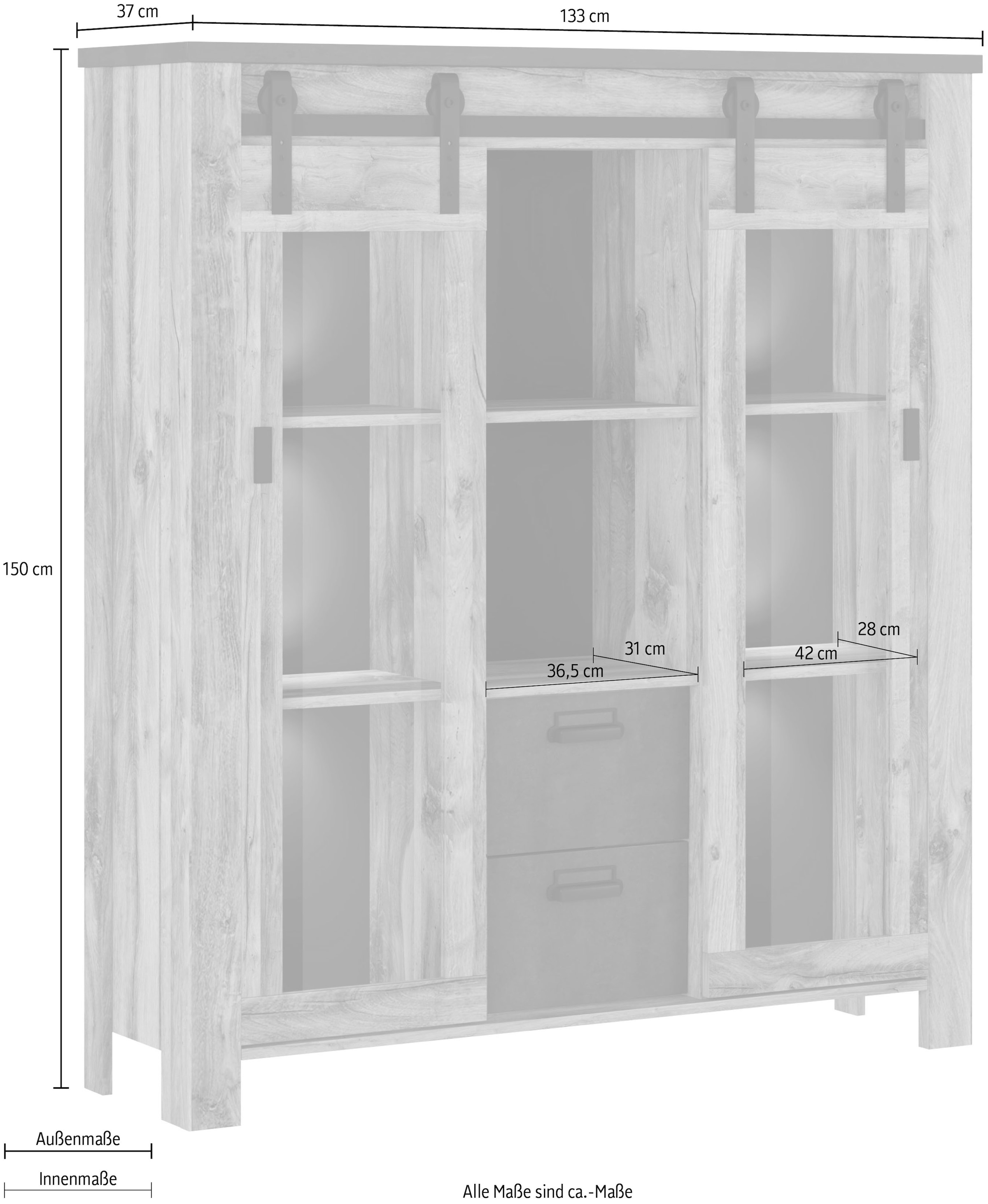 Home affaire Highboard »York, moderner Hochschrank, Vitrine in Hunton Oak, Industrialdesign« mit Scheunentorbeschlägen & Apothekergriffen aus Metall, 150 cm hoch