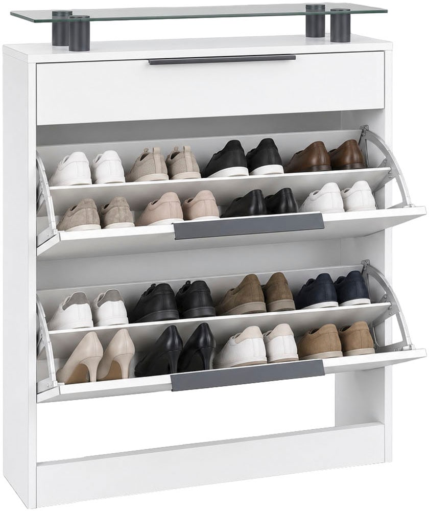 borchardt Möbel Armoire à chaussures »Tom, Schuhkipper mit Glasablage und Metallgriffen« Avec 2 rabats, derrière 4 compartiments et 1 tiroir