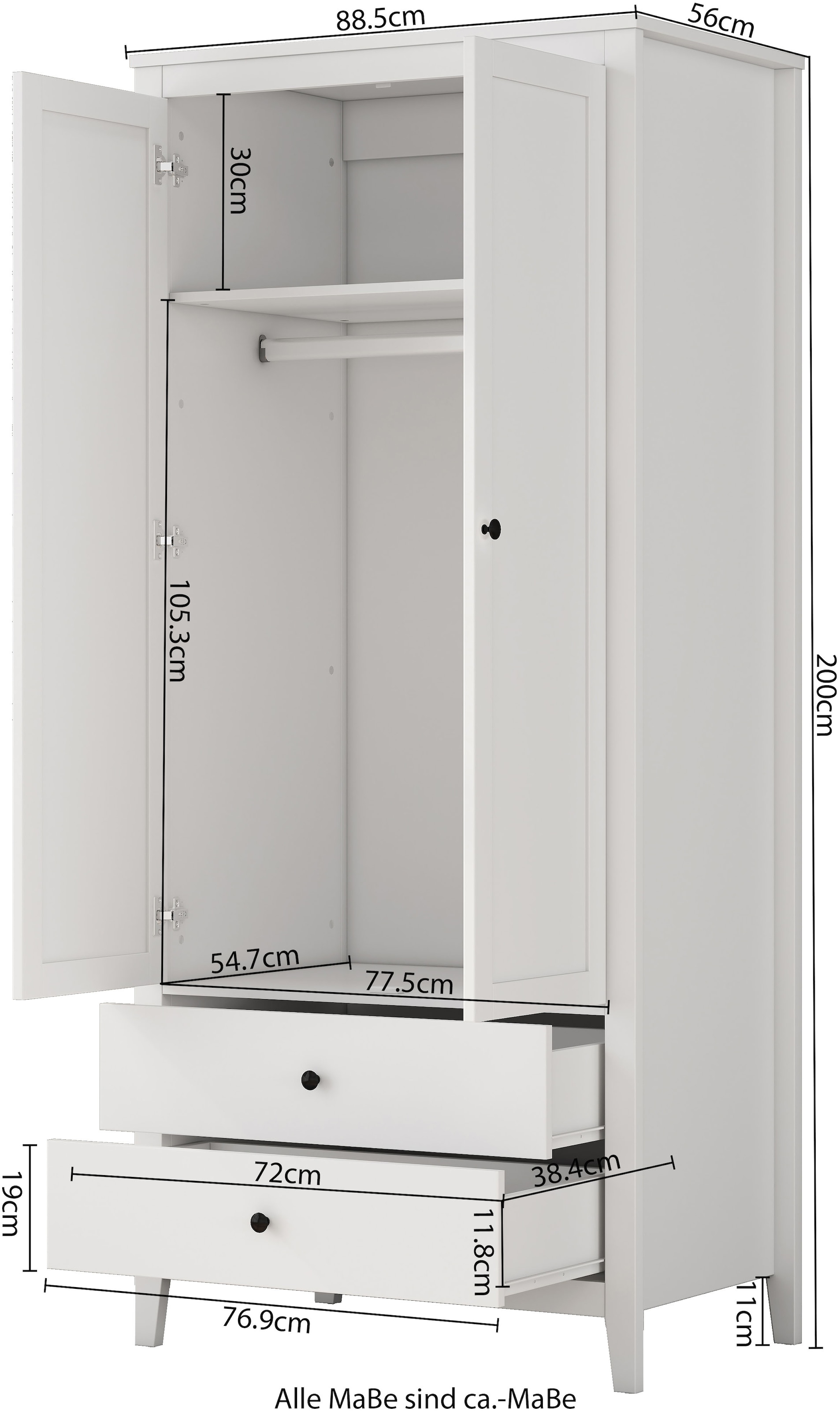 GOODproduct Armoires à vêtements »Borkum Schlafzimmerschrank Garderobe Landhaus Bestseller weiss« hochwertige schwarze Griffe aus Metall,  Schlafzimmerschrank mit 2 Türen und 2 Schubladen