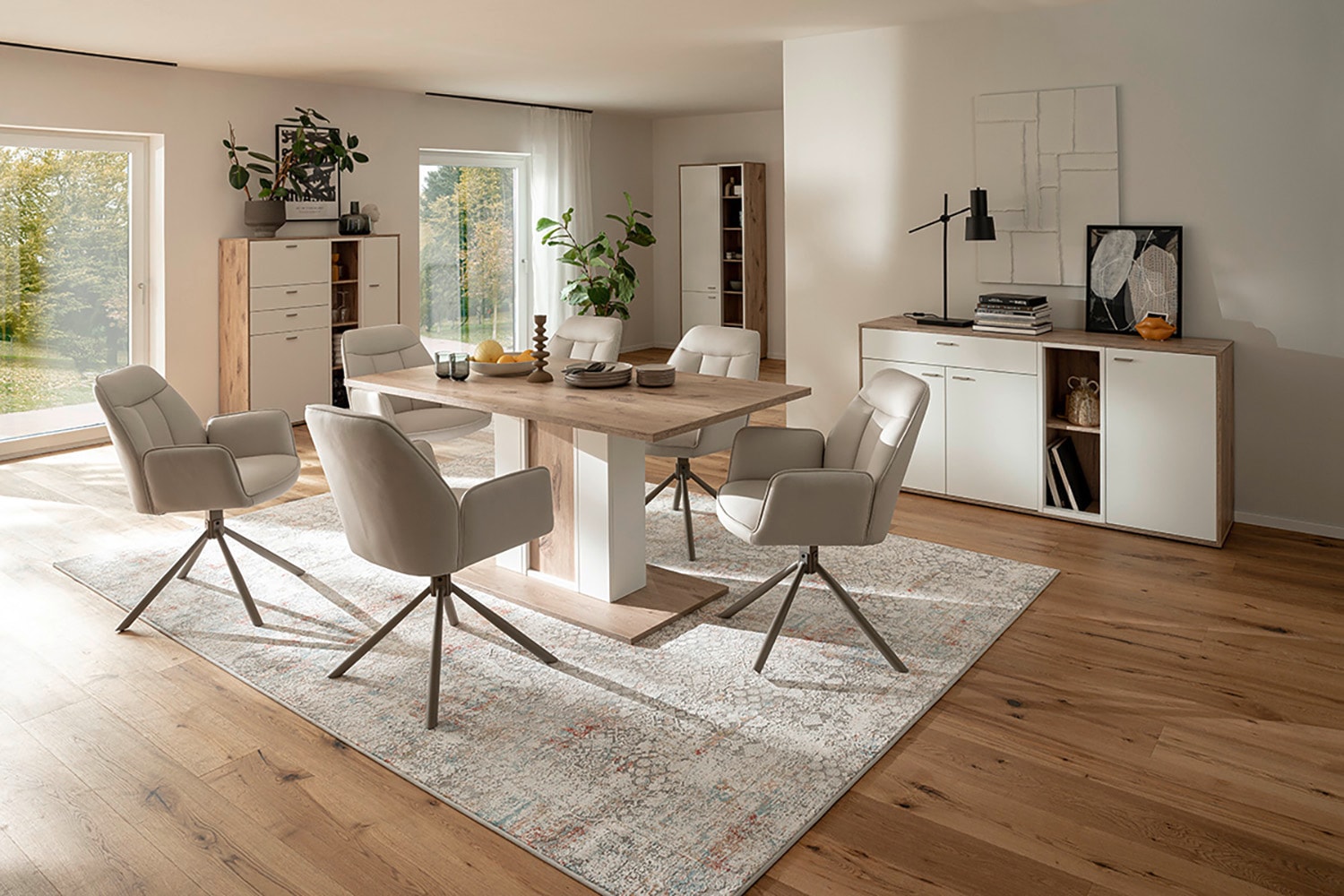 MCA furniture Säulen-Esstisch »SANTERNO Esstisch mit Bodenplatte« Tisch, Soft White/Viking Oak, mit Säule, belastbar 50kg, Breite 160 cm