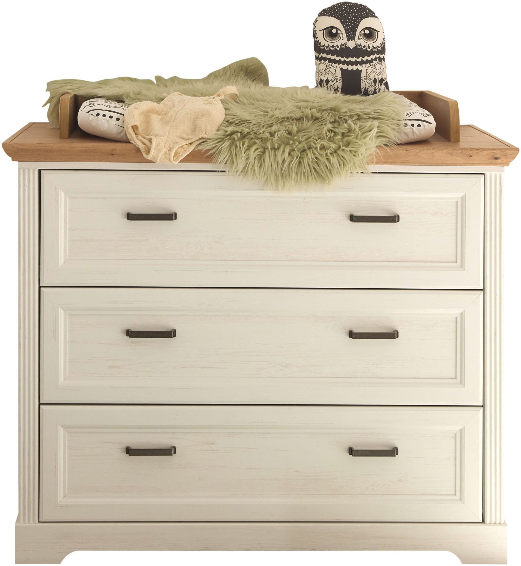Begabino Commode à langer »Jasmin Kommode mit Wickelaufsatz« bis 15 kilos style campagne, commode avec 3 tiroirs 114 cm