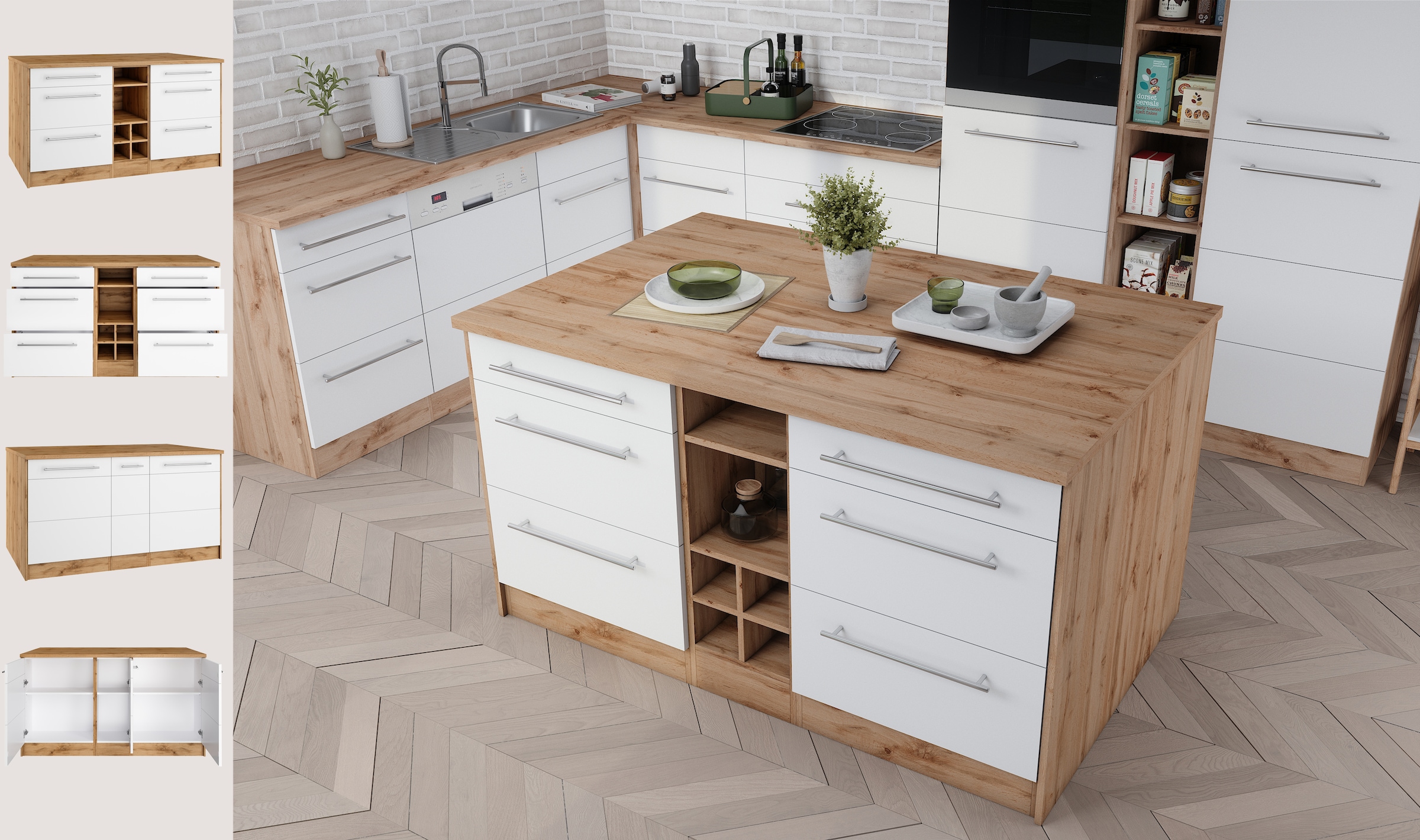 KOCHSTATION Ilot de cuisine »KS-Wien« largeur 153 cm, façades MDF, casier à bouteilles