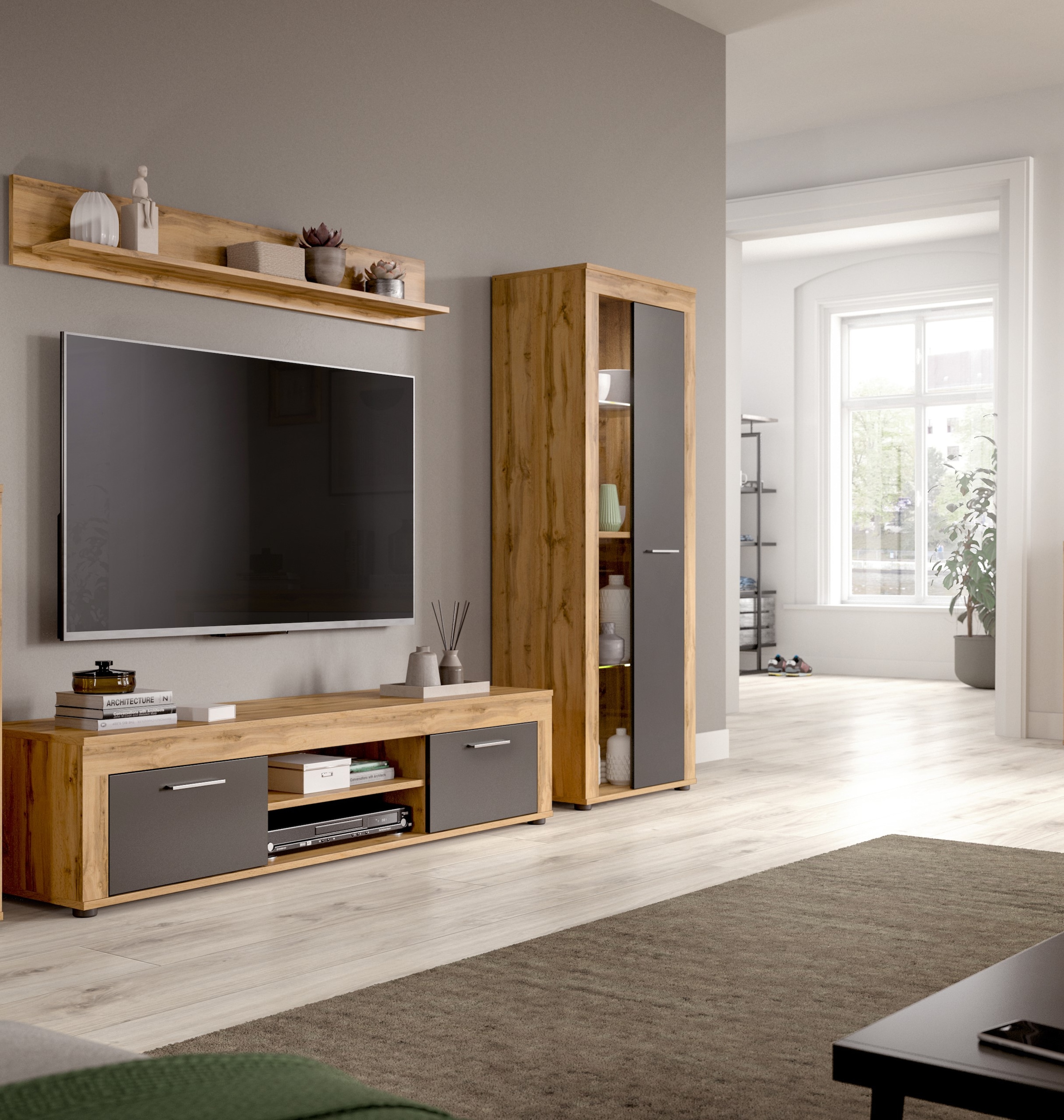 Home affaire Meuble mural »AOSTA, Breite 235cm, 3-teilige Wohn-Kombination« bestehend aus: Lowboard, Wandboard, Vitrine, 3 cuis tlg.