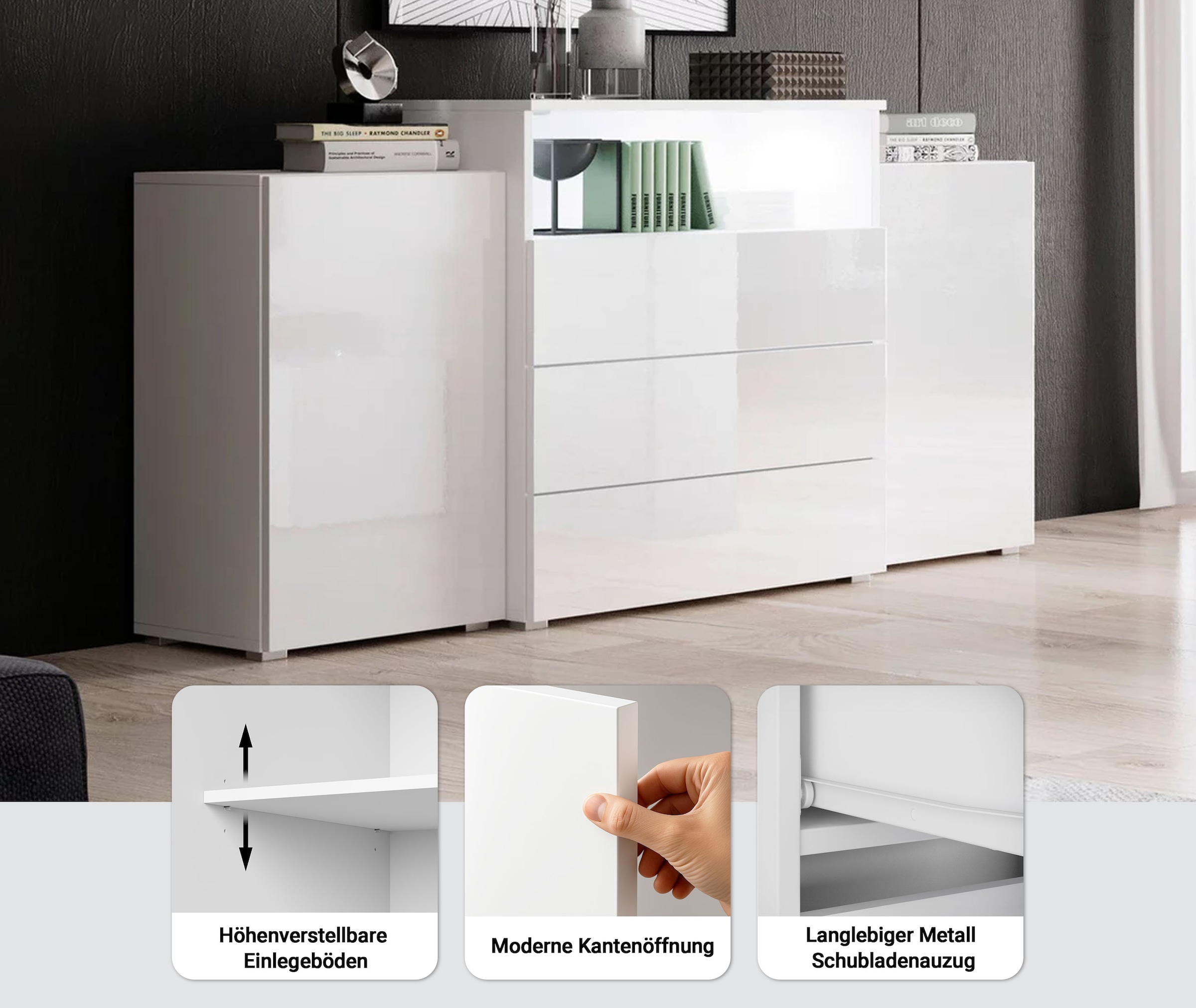 Home affaire Buffet »URBAN III« Commode moderne avec 3 tiroirs et 4 compartiments, largeur 150 cm