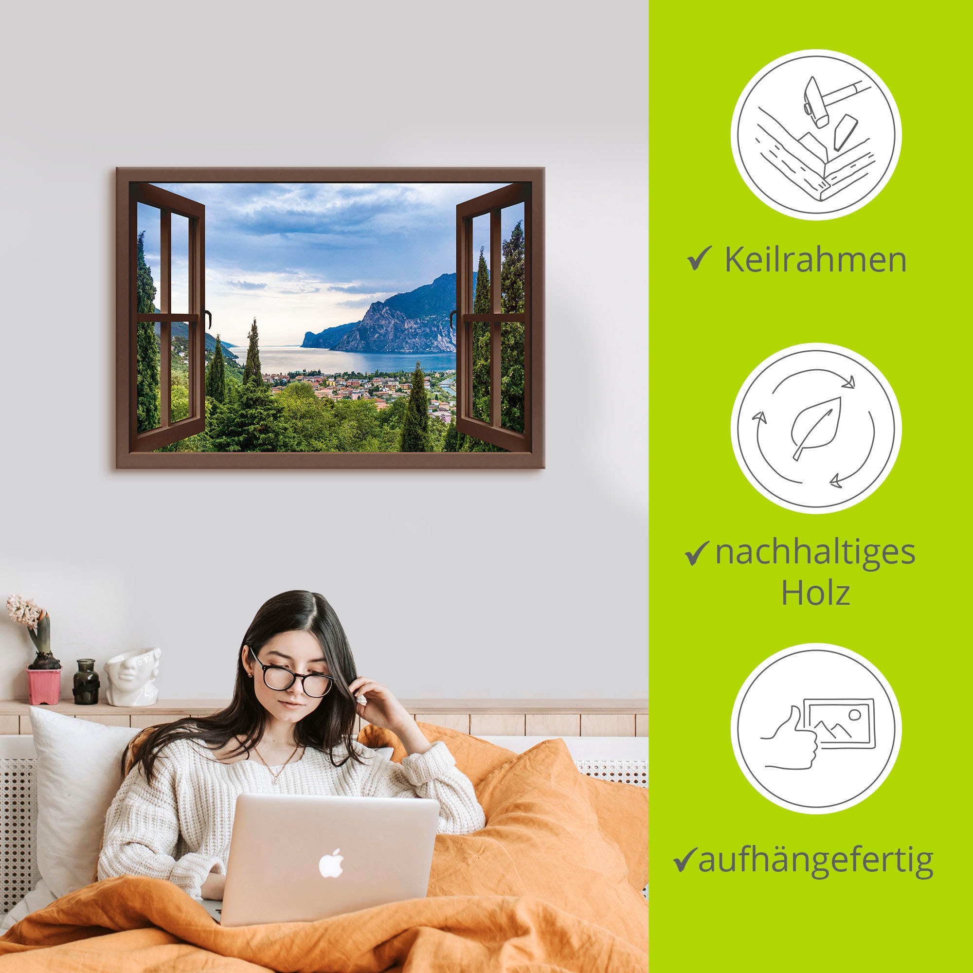 Artland Fresque murale »Gardasee durchs braune Fenster« Images marines 1 cuis tlg. en aluminium, tableau sur toile en différentes tailles