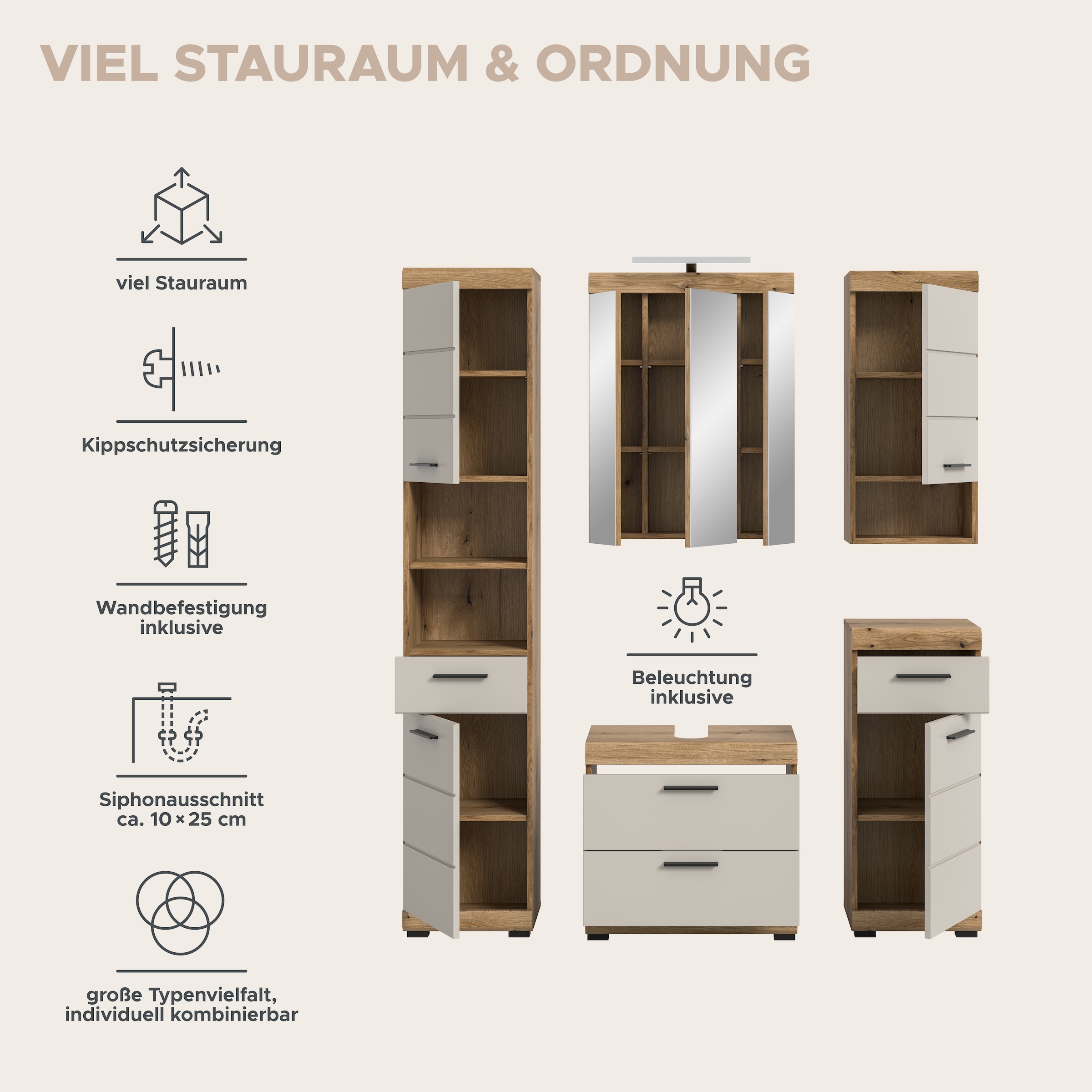 welltime Badmöbel-Set »Siena, 5 teilig, inklusive LED Beleuchtung, bestehend aus:« Set, TOPSELLER!, 