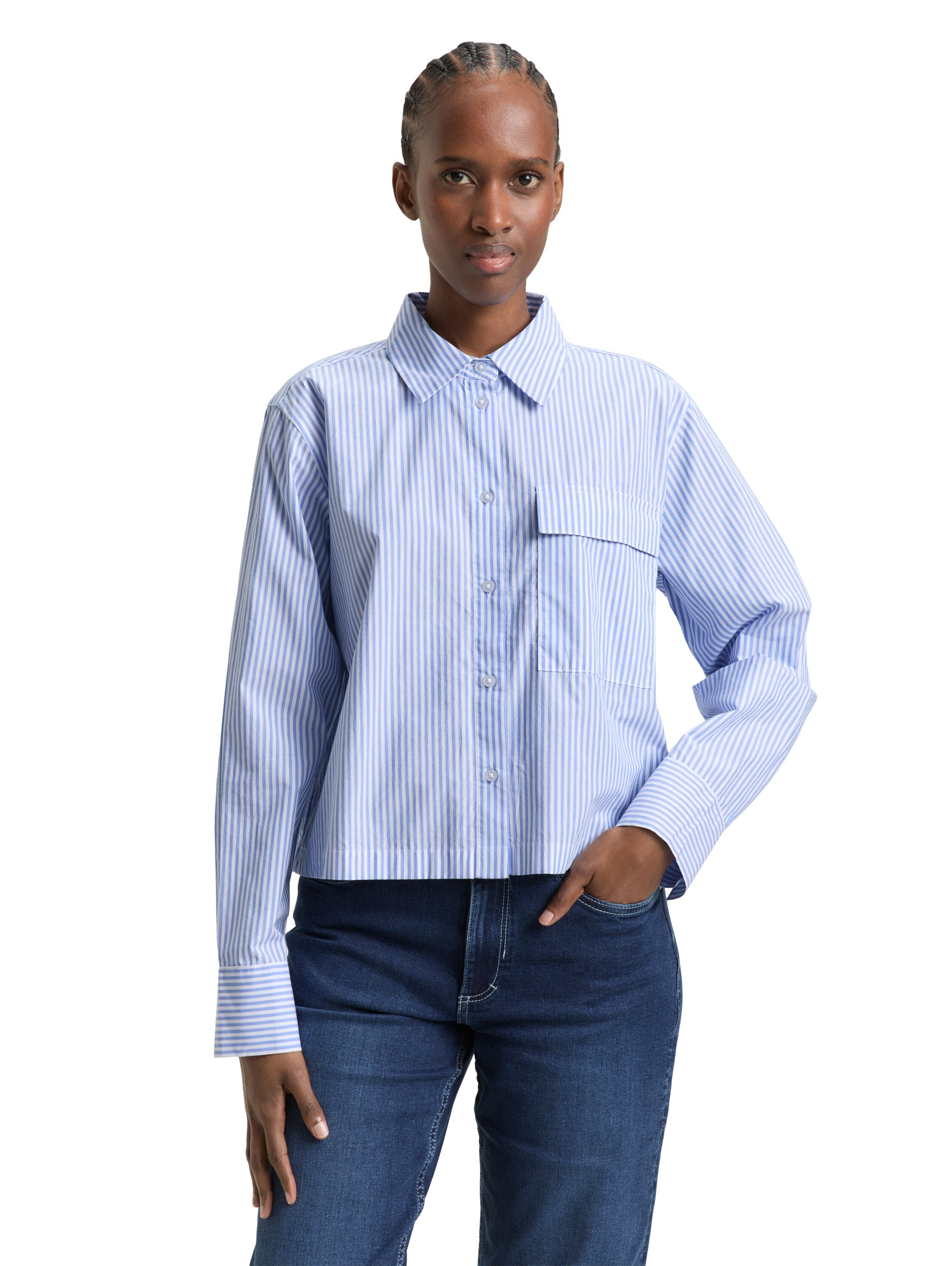 TOM TAILOR Denim Blouse à manches longues gestreift, kurze Form, mit Brusttasche