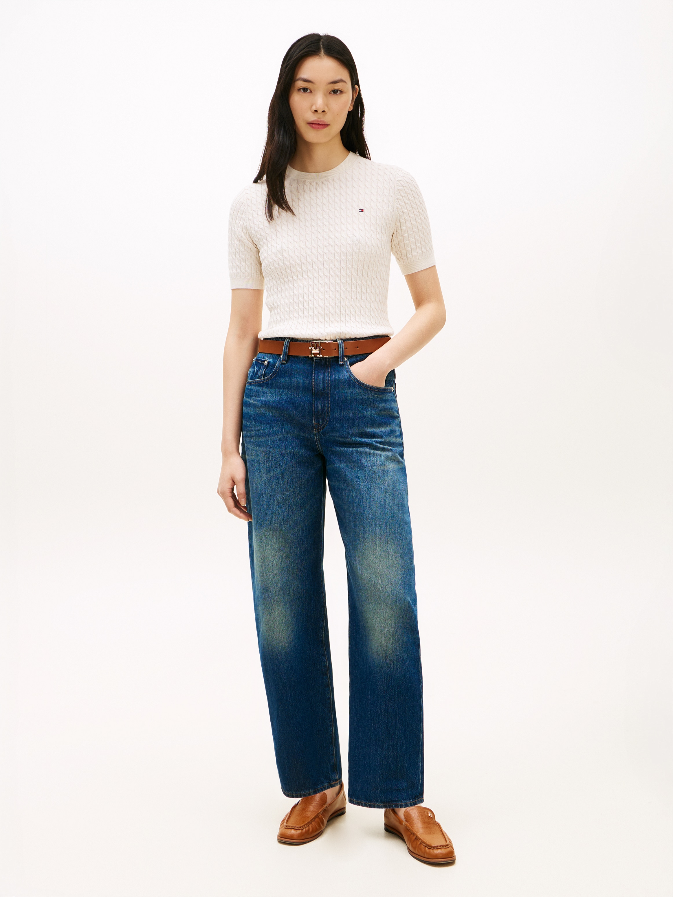 Tommy Hilfiger Pull à manches courtes »CO CABLE RWB C-NK SS SWT« Baumwolle, mit Zopfmuster