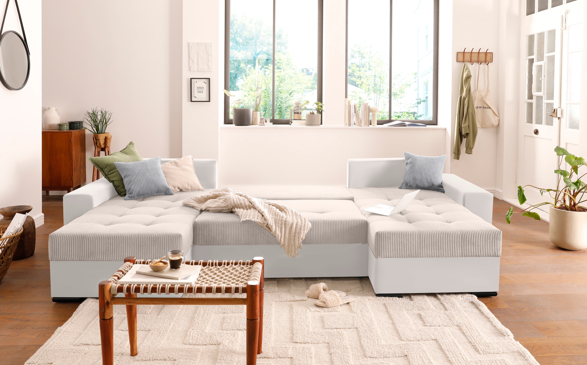 COLLECTION AB Paysage de salon »Josy XL U-Form, B: 313 cm in Cord, Cord-Mix« mit Bettfunktion, Bettkasten & 2 Zierkissen, Federkern