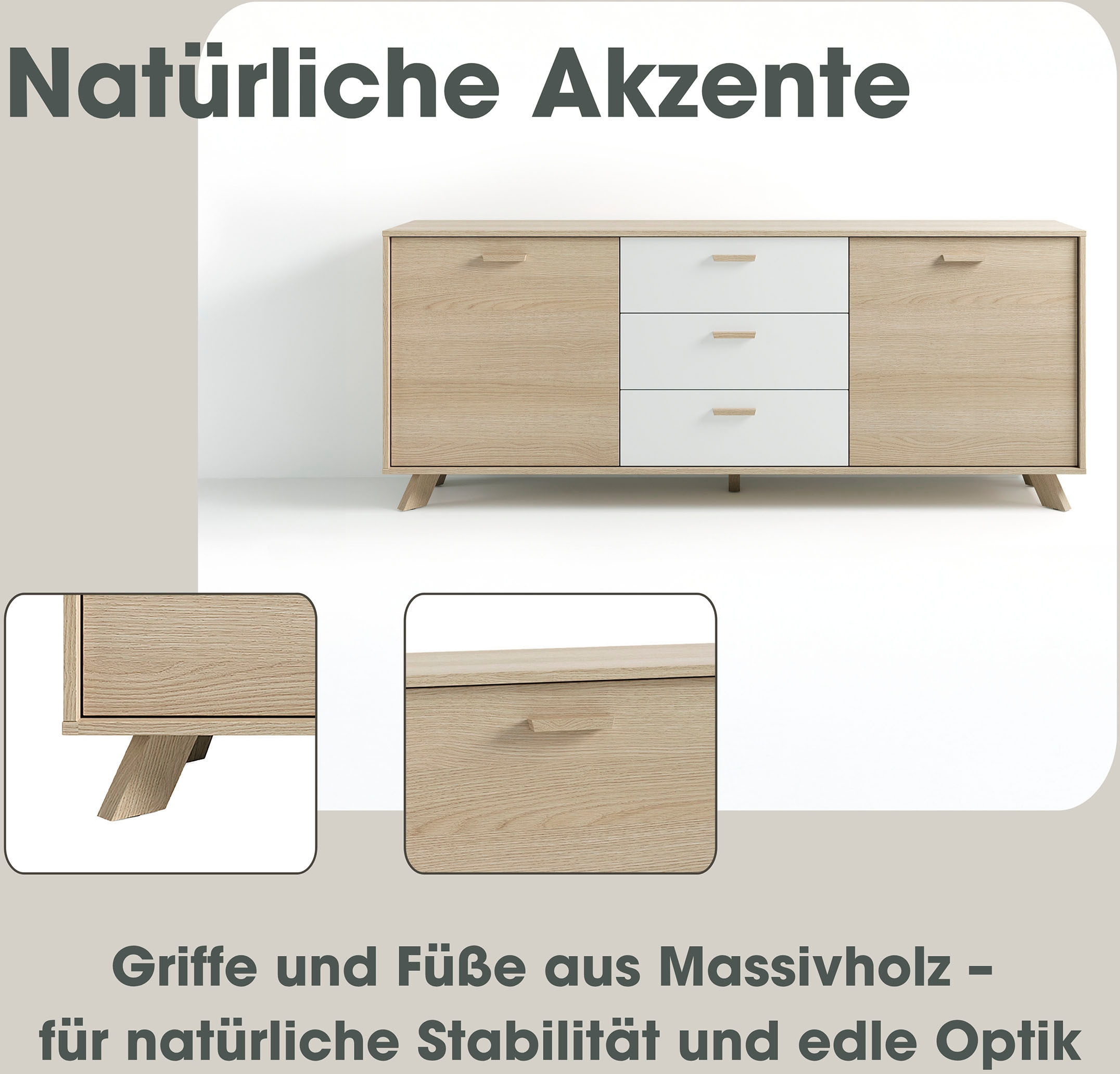 byLIVING Sideboard »Bastian« 1 Stk. tlg. mit massiven Holzfüssen und Griffen, natürlicher Eichenlook, 180cm