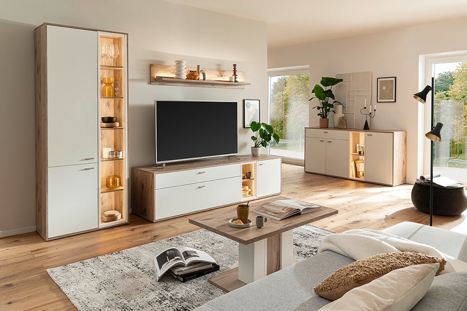 MCA furniture Couchtisch »SANTERNO Couchtisch mit Säule« 1 Stk. tlg. Tisch, Soft White/Viking Oak, mit Säule, belastbar 50kg, Breite 95 cm