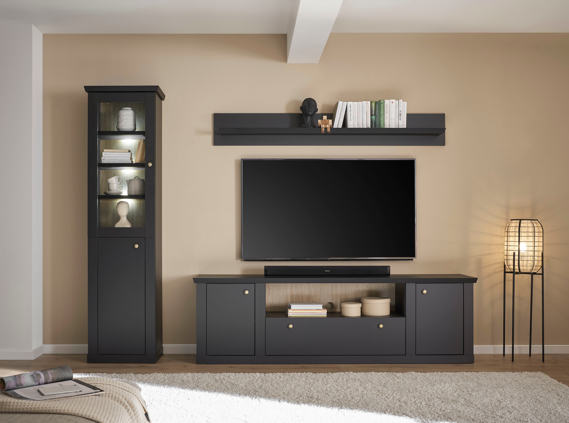 Home affaire Vitrine »Lincoln, Hochschrank im Landhausstil, moderne Glasvitrine« edles Design, messingfarbene Knopfgriffe, vielseitig einsetzbar