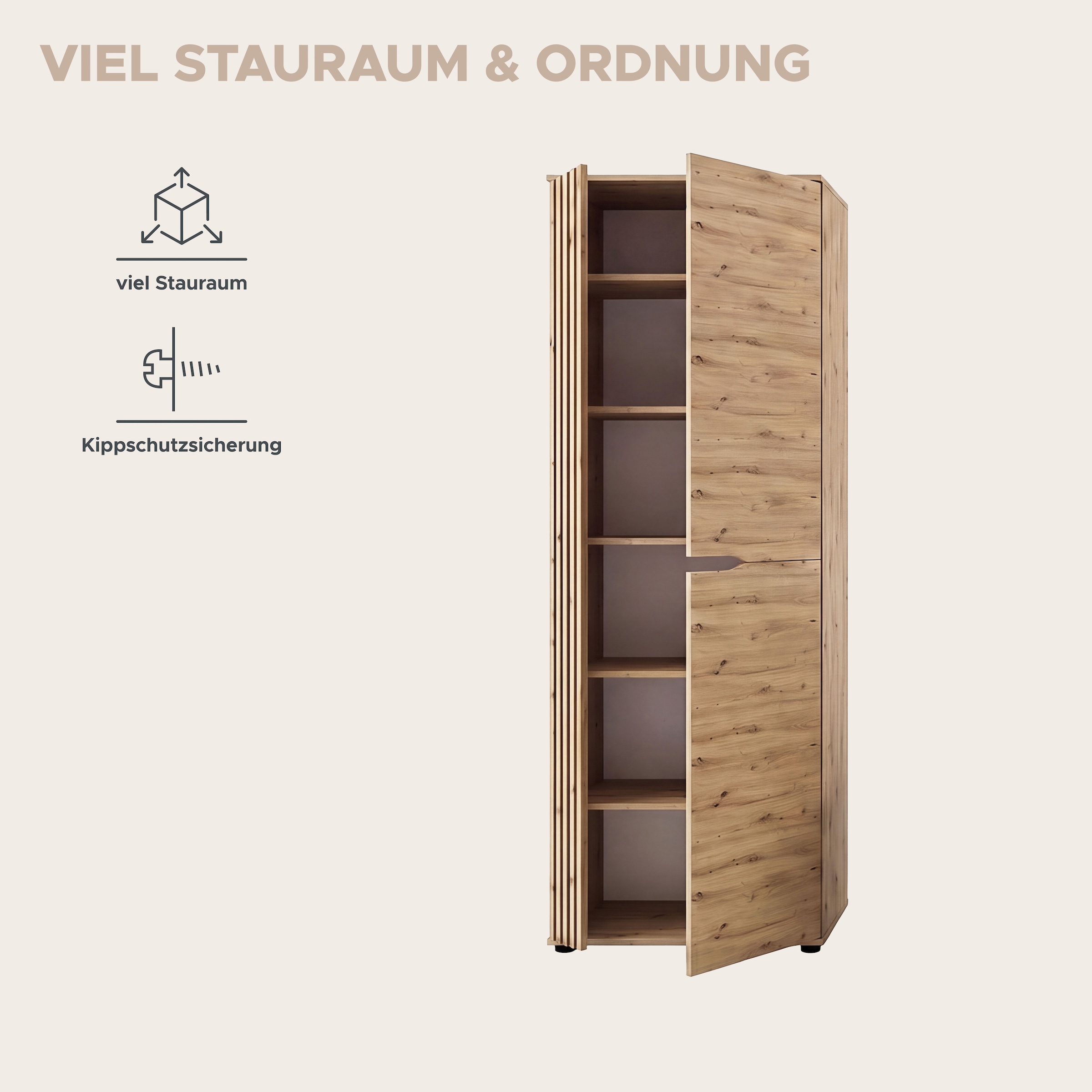 GOODproduct Garderobenschrank »FJELL, Breite 65cm, 2 Türen, 4 Einlegeböden, 6 Fächer, 1 Kleiderstange« Kleiderschrank, Schrank, Dielenschrank, Flurschrank, Mehrzweckschrank