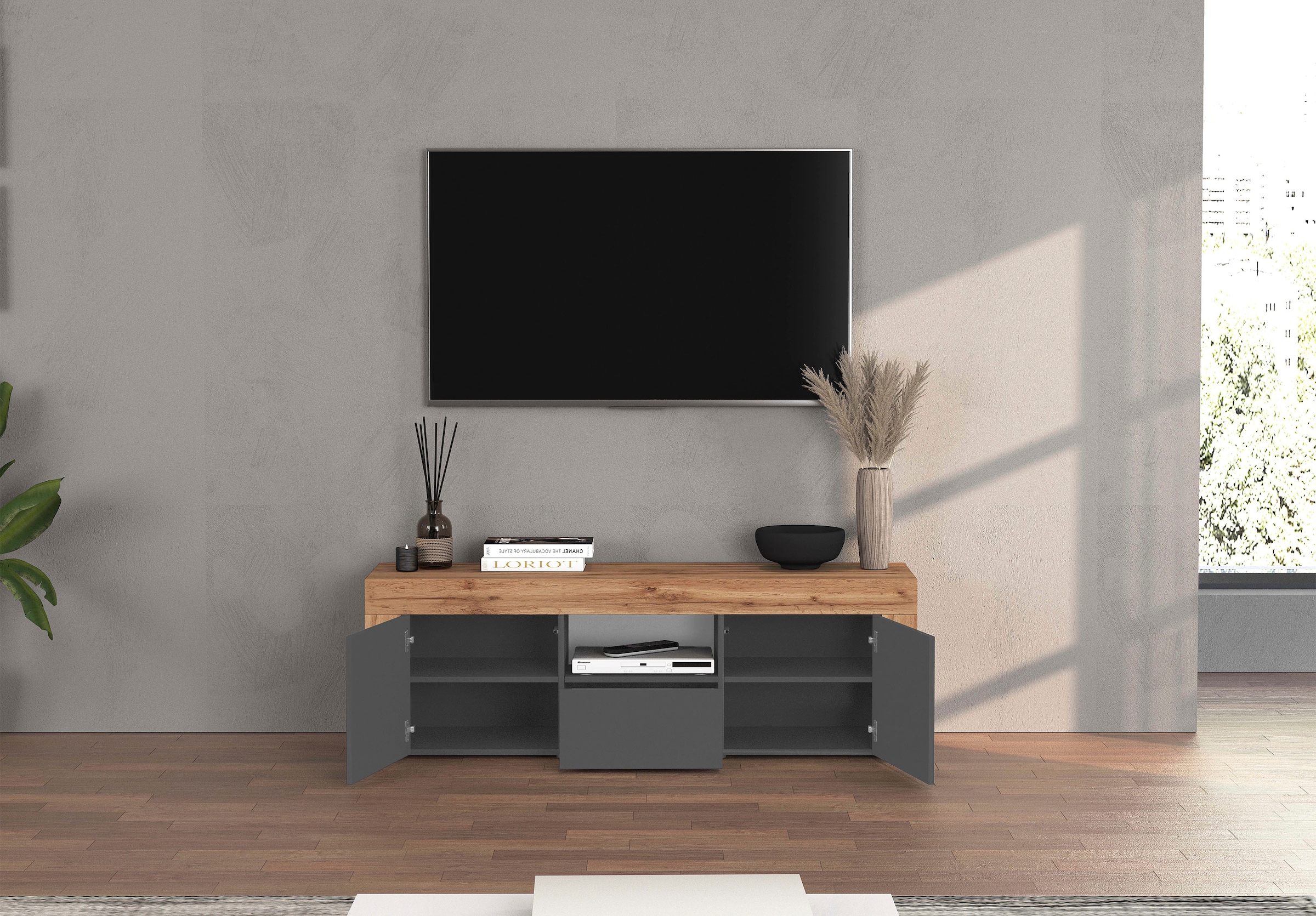 GOODproduct Lowboard »CHRONOS Breite 155 cm mit 2 Türen, 1 Schublade,1 offenes Fach« 1 Stk. tlg. TV-Board, Sideboard niedrig, Grifflos mit Push to Open 'Made in Italy'