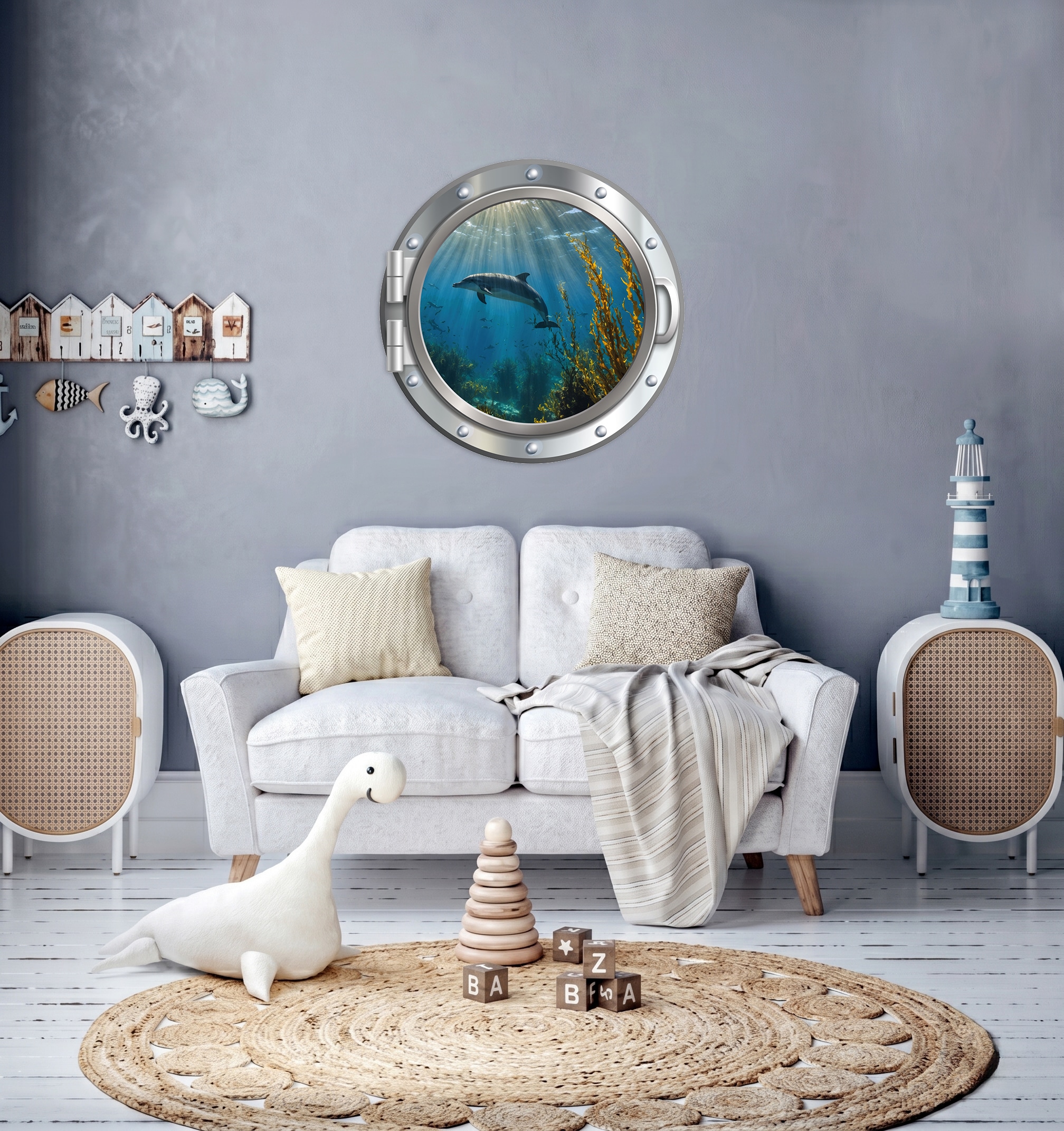 queence Autocollants muraux »3D Bullauge Illusion Unterwasserwelt Delfine 40x40 cm« trou mural autocollant sous-marin