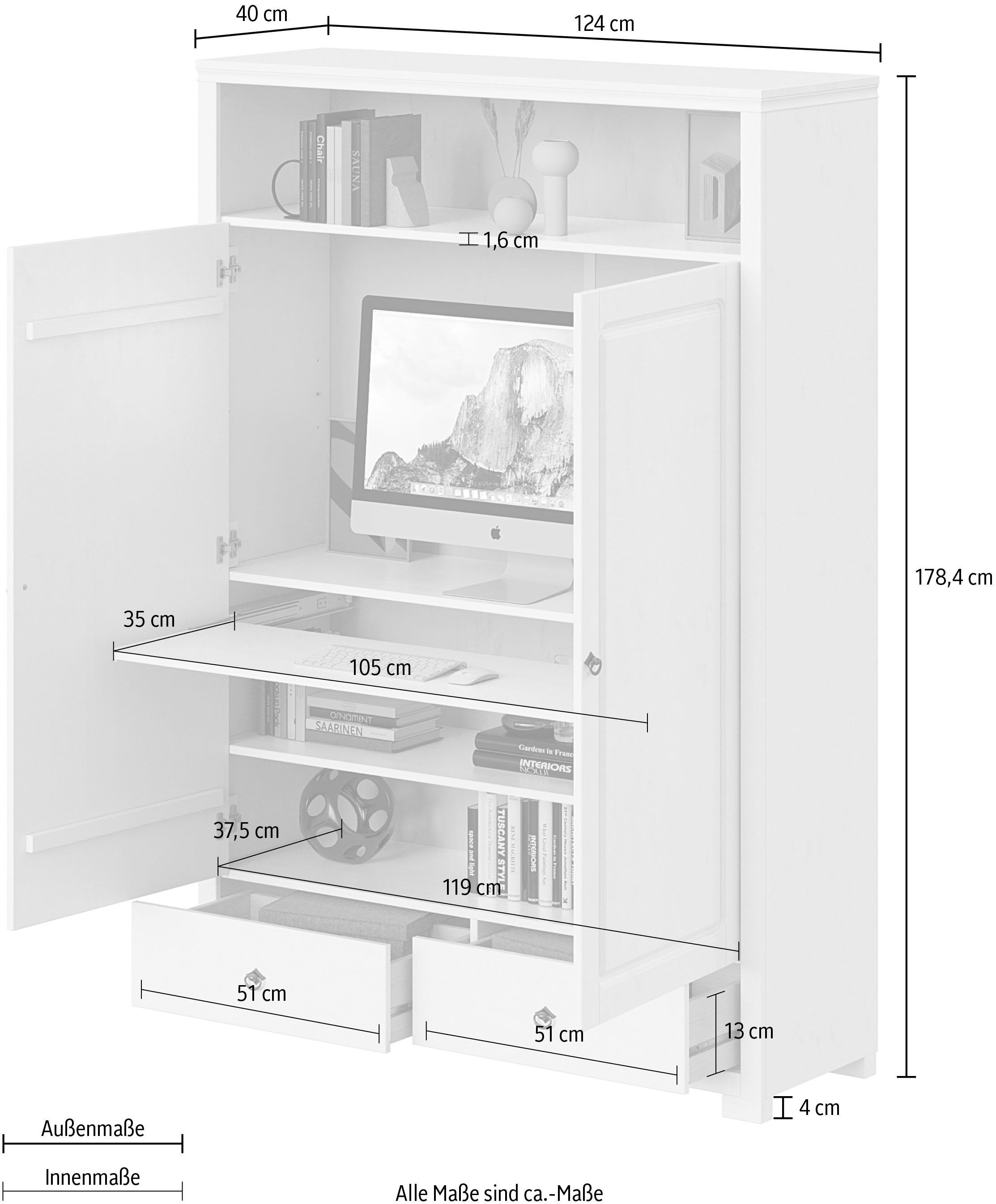 GOODproduct Armoire à linge »Gotland! Home Office Schrank, Mehrzweckschrank, Büroschrank« H/B/T ca. 180/125/40cm,  mit Ausziehregal, Schublade, stabil + langlebig, Massivholz made in EU