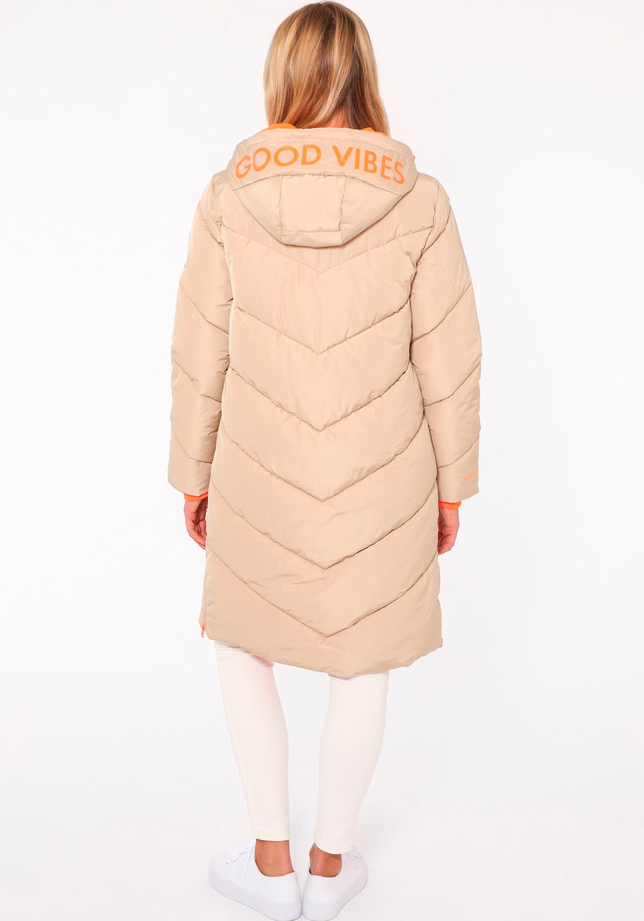 Zwillingsherz Veste matelassée »"Positive Mind"« avec capuche double fermeture éclair, capuche avec inscription au dos, détails contrastés, chaud