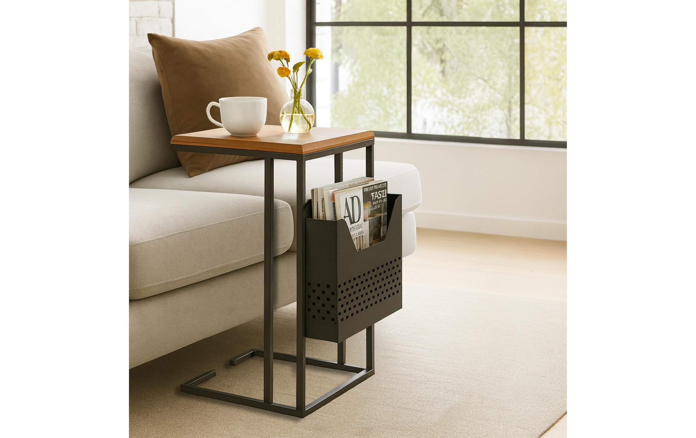 relaxdays Beistelltisch »in C-Form Mango 63 x 30« Couchtisch mit Zeitungsablage aus Mango Holz