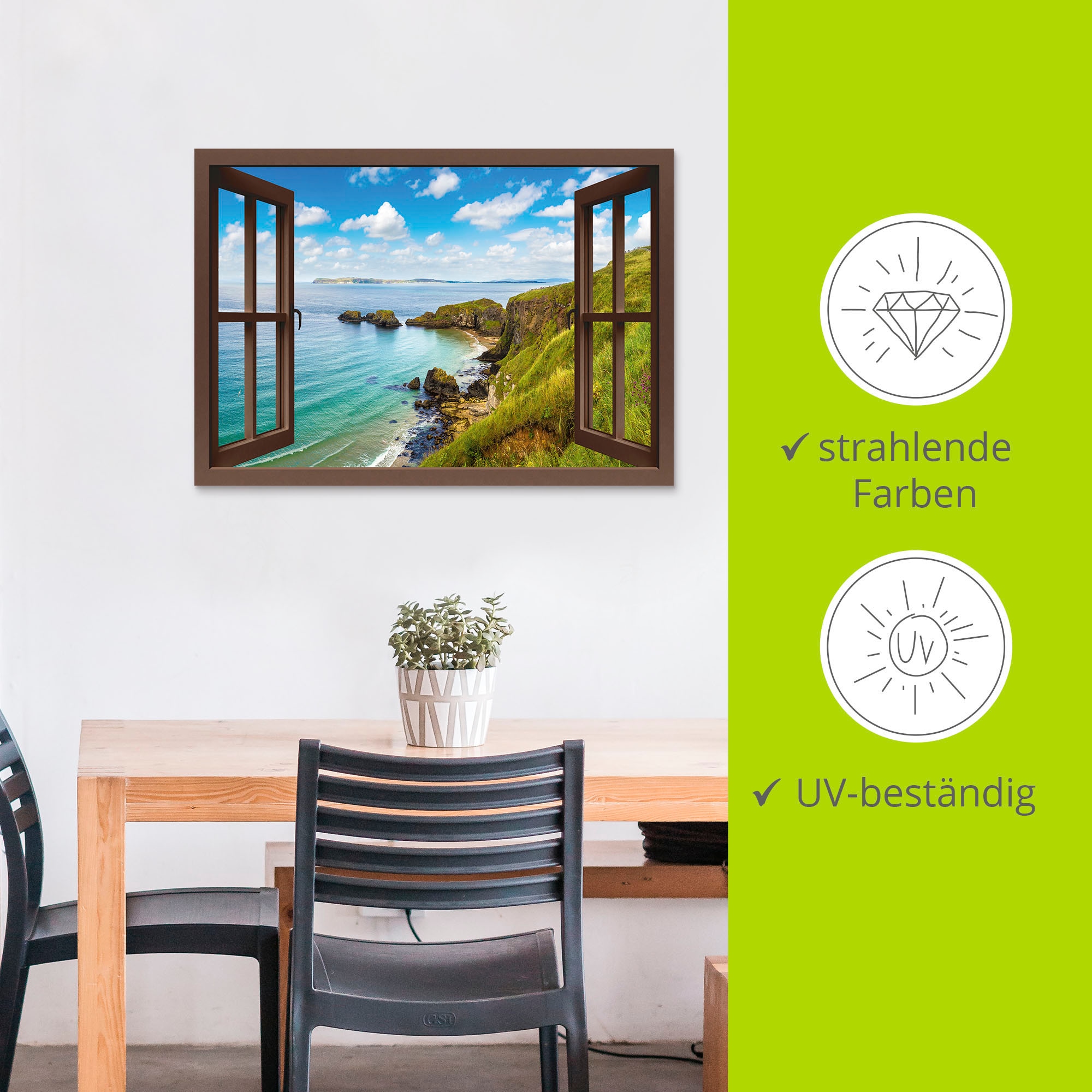 Artland Alu-Dibond-Druck »Küstenweg in Nordirland durchs Fenster« Meer Bilder 1 Stk. tlg. für Innen- und Aussenbereich geeignet, Outdoorbild
