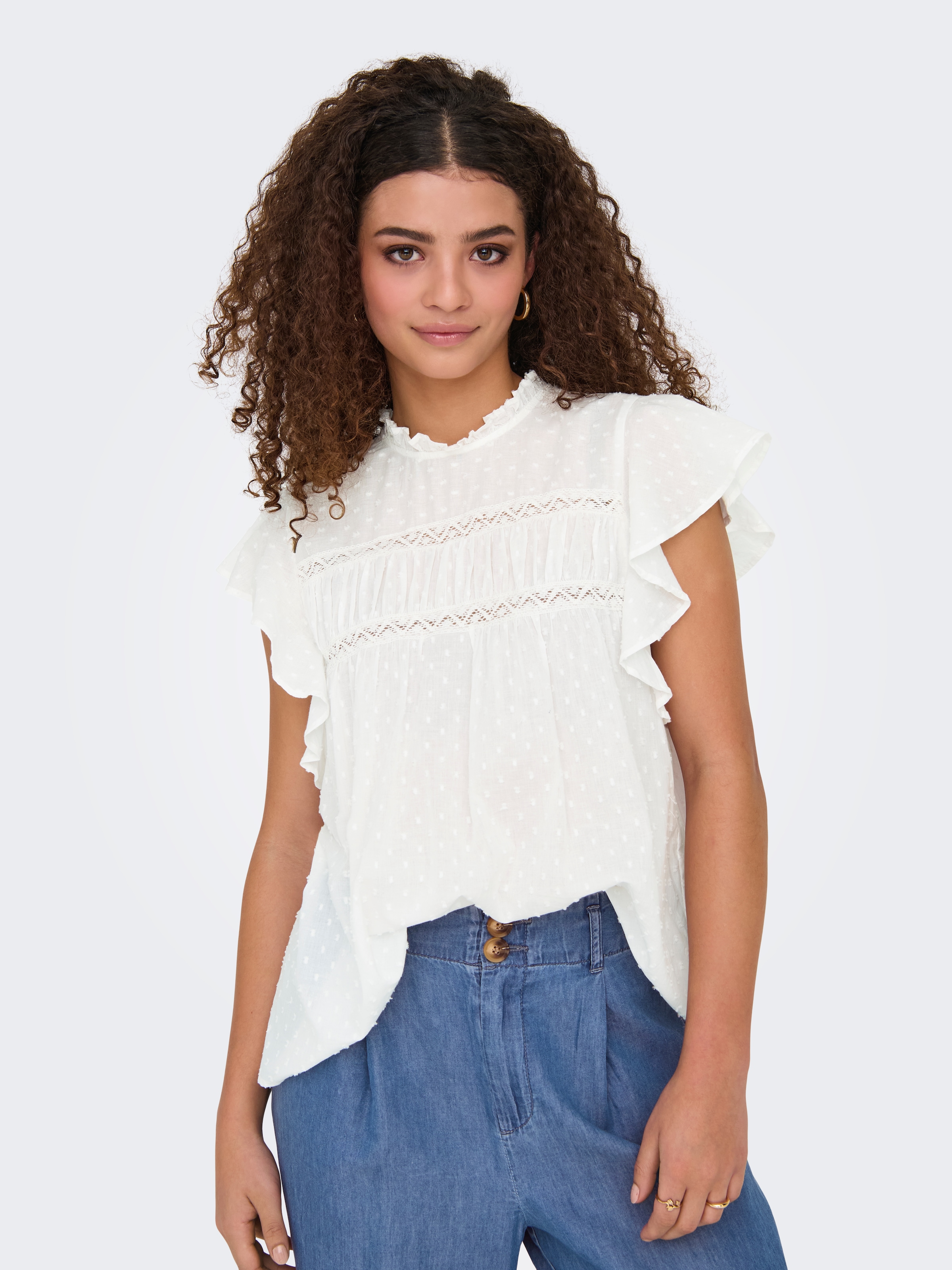 ONLY Top à volants »ONLKATTI S/S DOBBY TOP WVN NOOS« coton, coupe régulière
