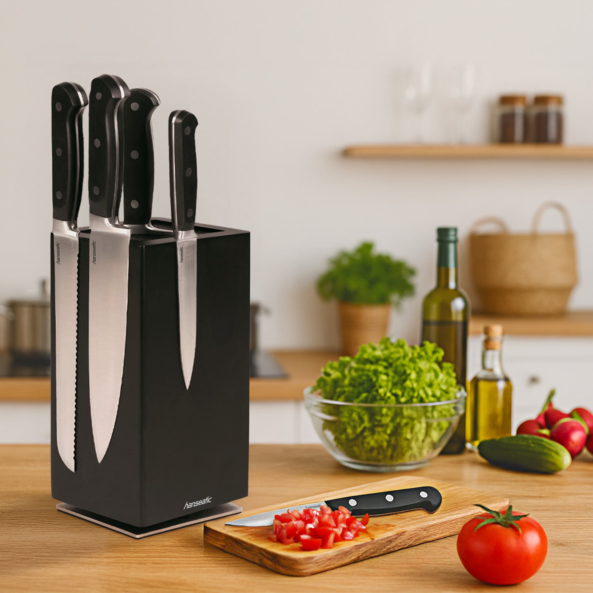 Hanseatic Bloc à couteaux magnétique »hanseatic PREMIUM, aus Holz, Messerblock Set, 6-tlg.« 6 pièces elegantes Design, herausnehmbarer Borsteneinsatz, 360-Grad-drehbar
