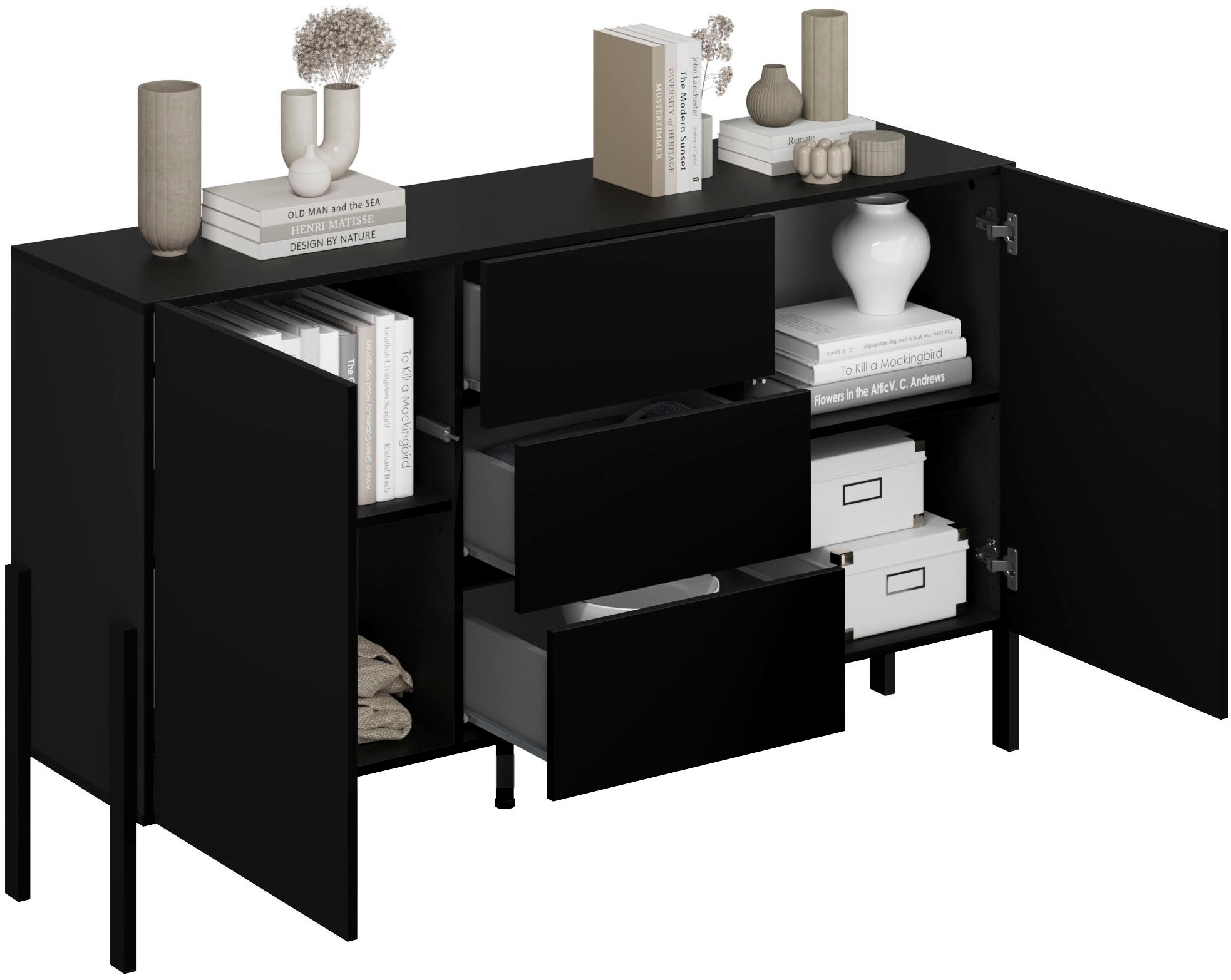 GOODproduct Sideboard »Jukon, Breite 150 bzw.180 cm, moderne grifflose Kommode« Schubladenschrank 2 Türen/3 Schubkästen, push-to-open-Funktion