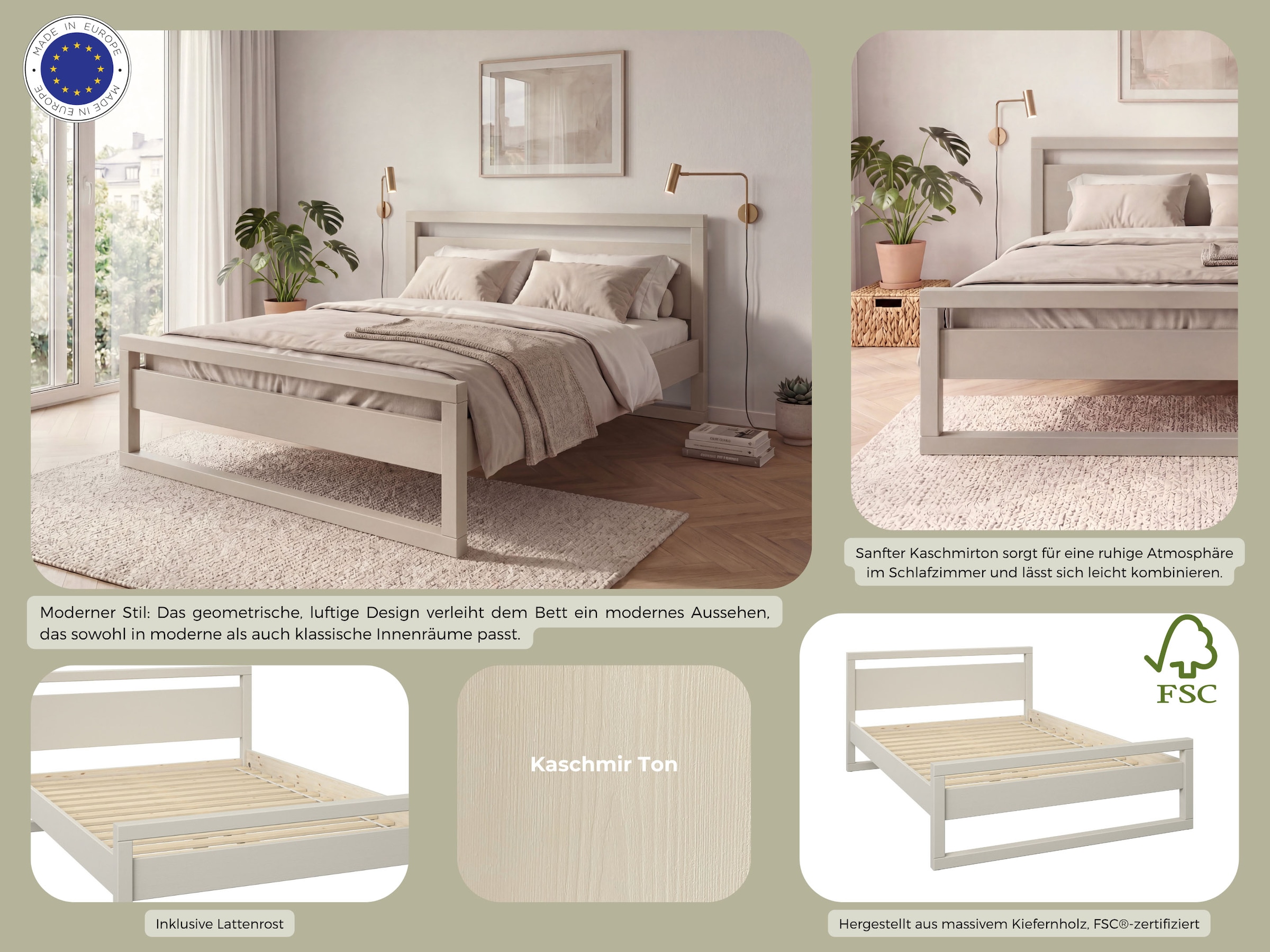 GOODproduct Lit en bois massif »Wellow , Kaschmir-Beige-Beige, Kiefer, inklusive Lattenrost« Nordique-moderne, supporte jusqu’à 180 kg, FSC® & Fabriqué en Europe
