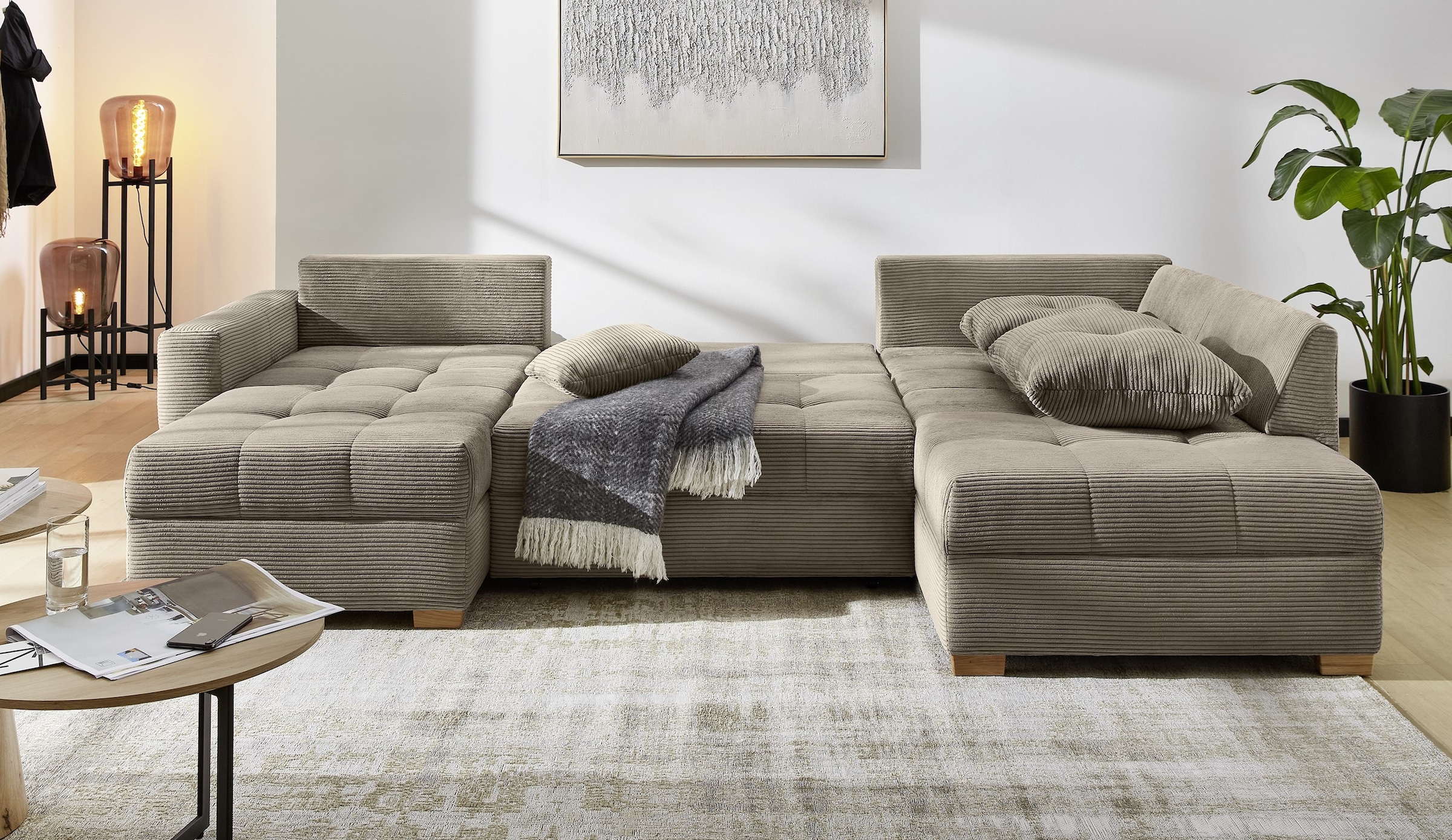Jockenhöfer Gruppe Wohnlandschaft »Abby U-Form, B: 313 cm, inkl. Schlaffunktion« inkl Bettkasten,  grosse Liegefläche 273x147cm, Massivholz Füsse