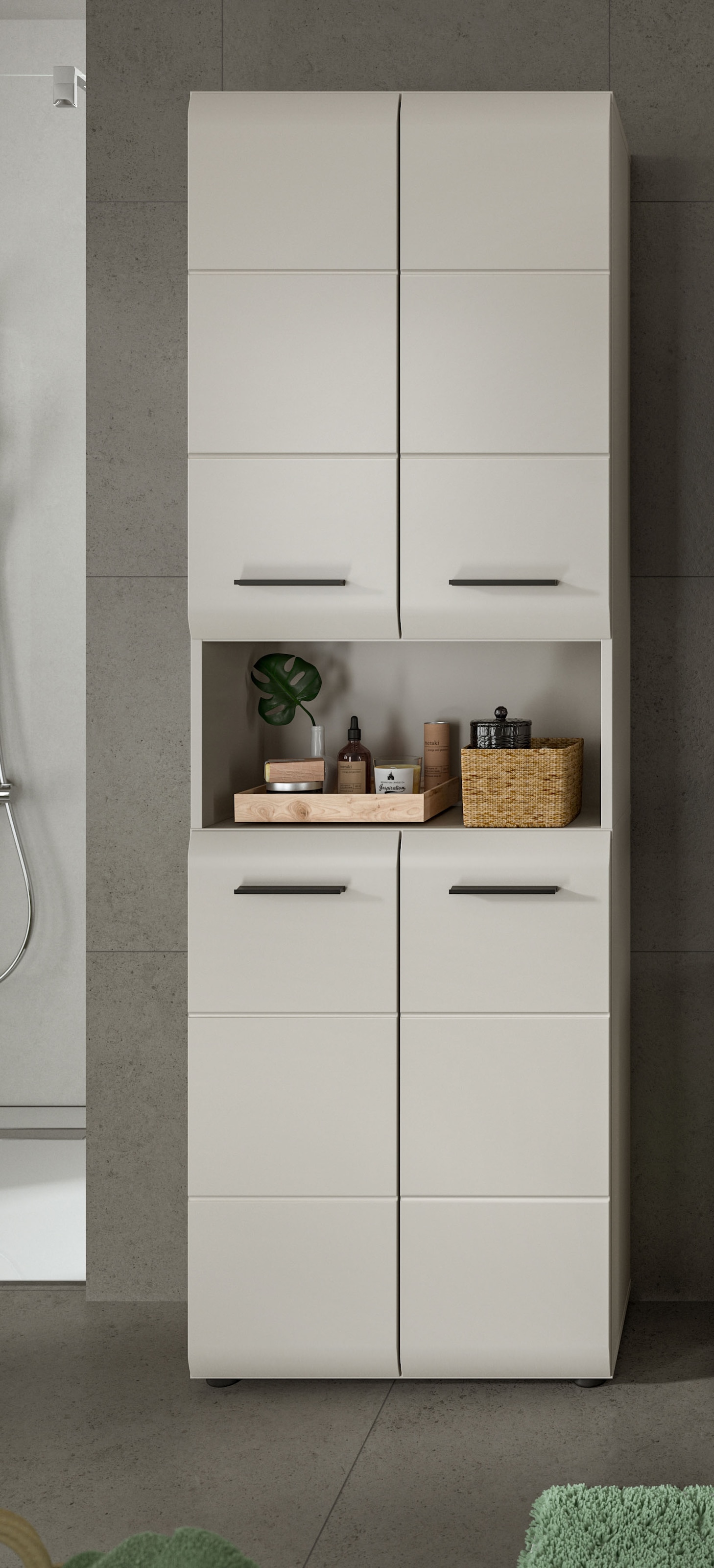 welltime Stauraumschrank »FLORENZ,  Höhe 185 cm, 4 oder 6 Türen, viel Stauraum« TOPSELLER!, 1 Stk. tlg. hochwertige MDF Front, Griff schwarz, Badschrank, Bad
