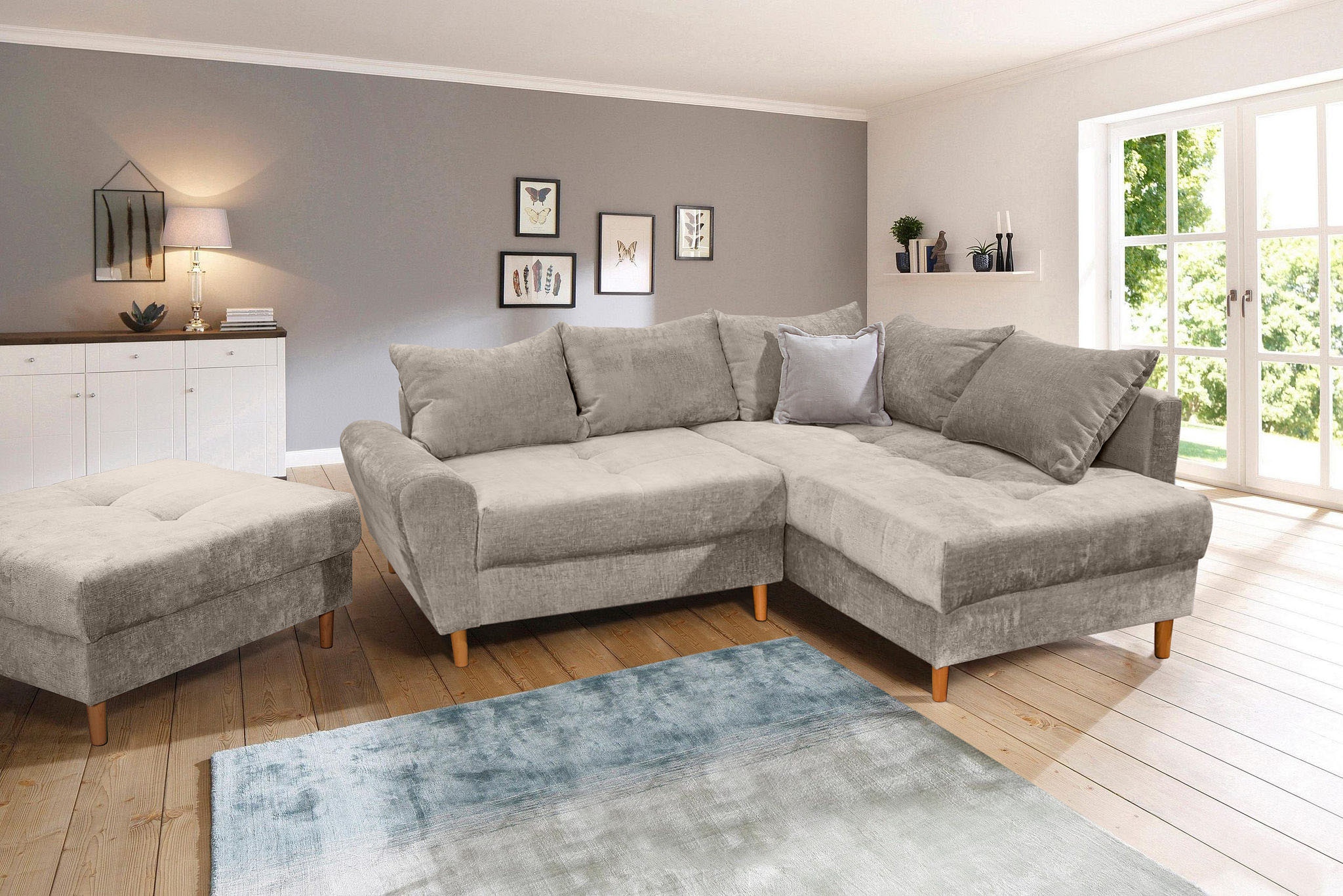 COLLECTION AB Canapé d'angle »Reims L-Form« Ottomane beidseitig montierbar, inkl. Bettfunktion und Hocker