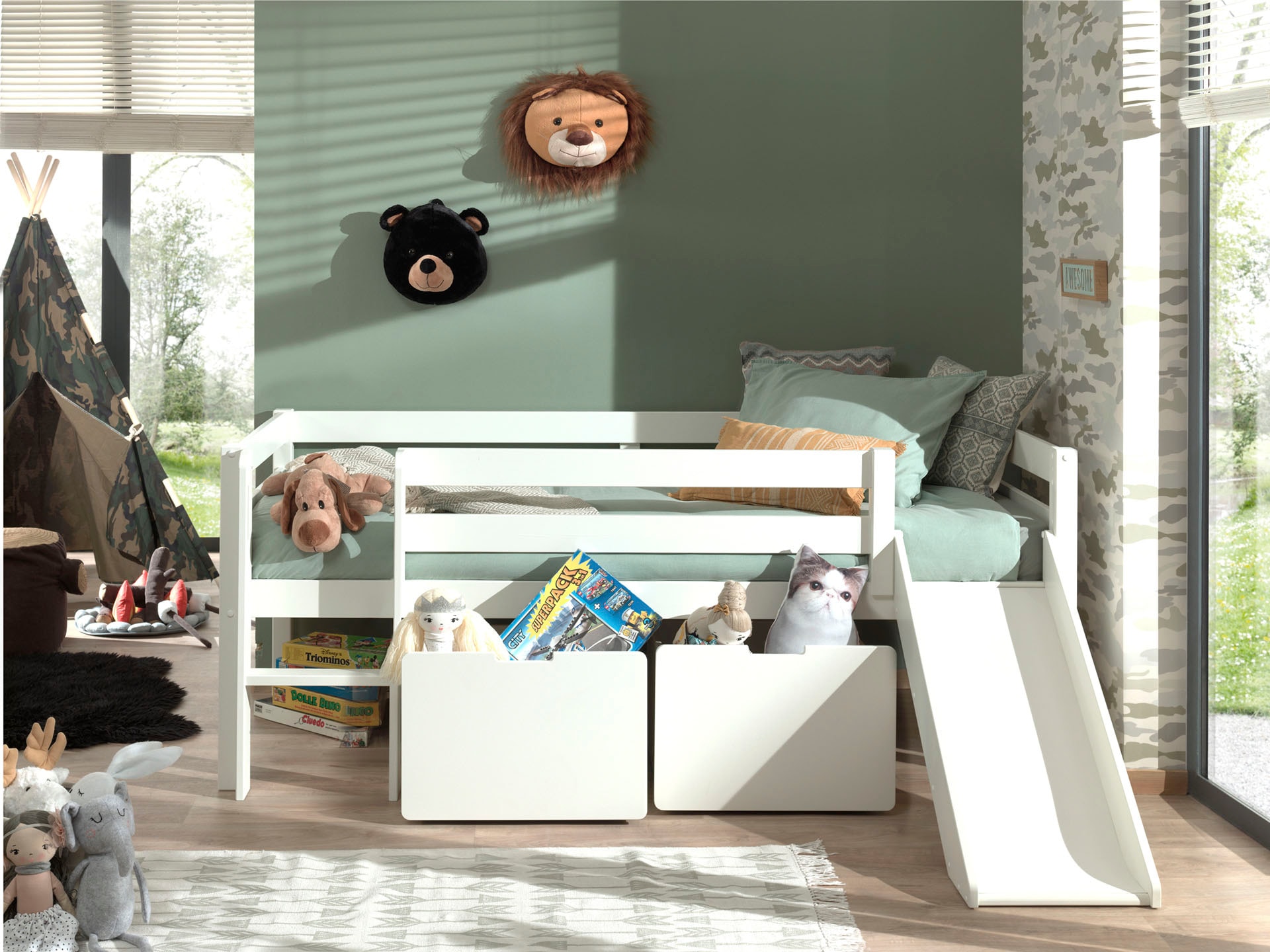 Vipack Spielbett »Pino, Kiefer massiv, mit Rolllattenrost, 2 Rollboxen, Made in Europe« B/H/T ca. 207,6x83x175cm, inkl. Leiter, Absturzschutz und Rutsche,  wahlweise mit oder ohne Hängeregal, 2 Farben zur Auswahl