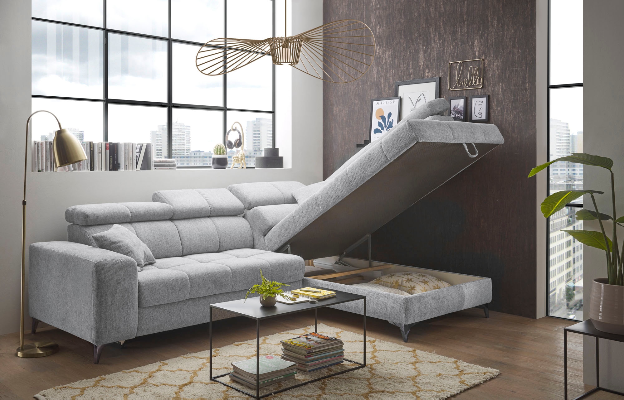 ED EXCITING DESIGN Ecksofa »Sydney L-Form« motorischer Sitztiefenverstellung, USB-Port & 2 Zierkissen