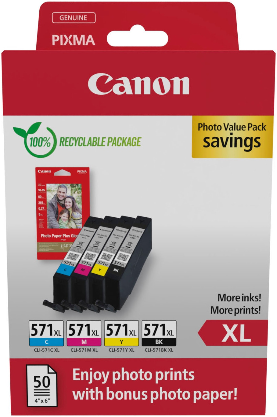 Canon Tintenpatrone »CLI-571XL BK/C/M/Y Tinte mit hoher Reichweite + Fotopapier Value Pack«