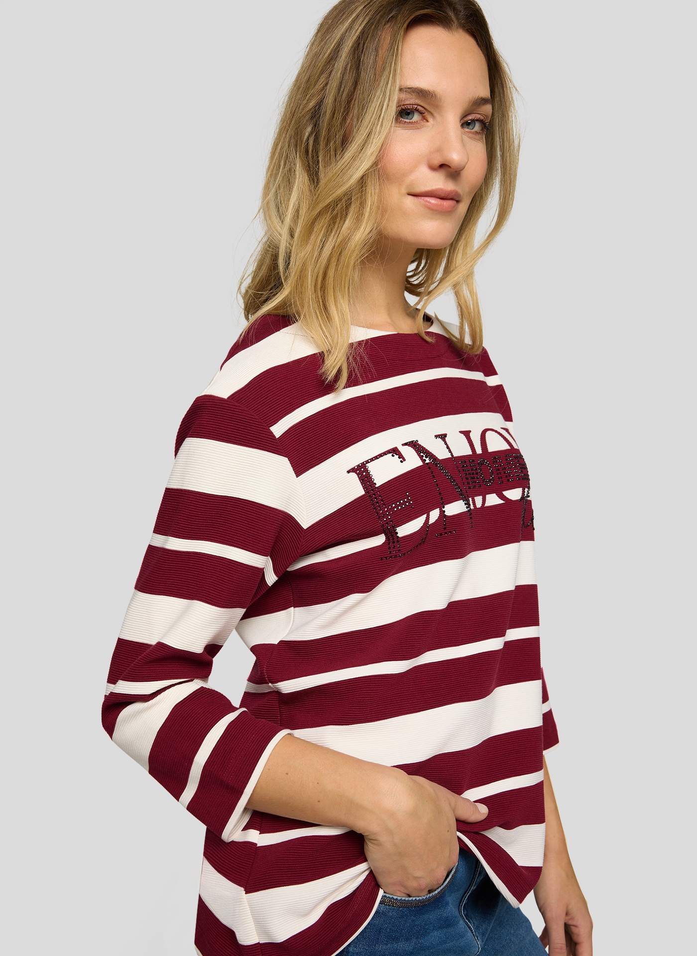 Rabe T-shirt à manches 3/4 im Streifen-Design und mit Nieten-Details